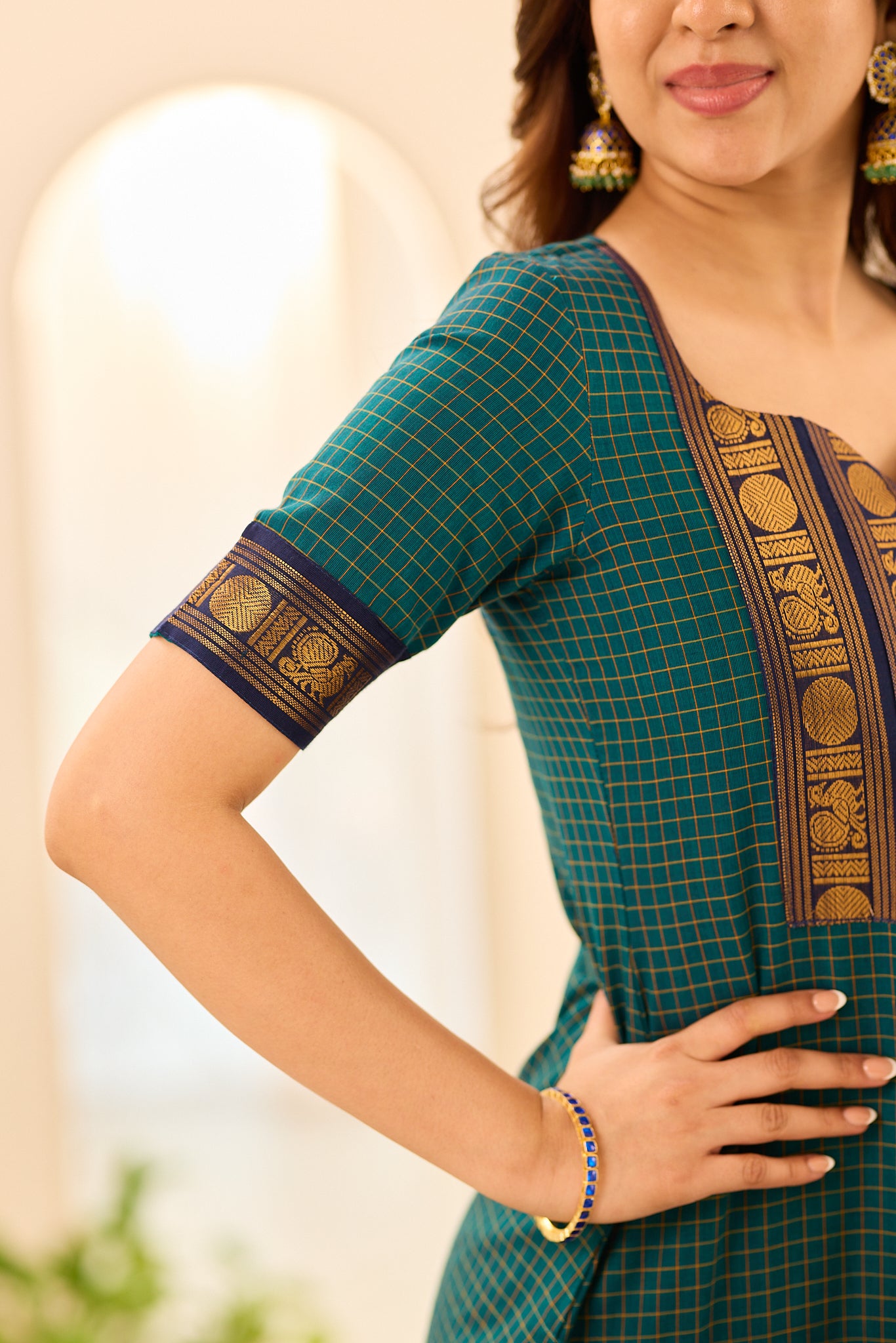 Deep Teal Green Checks Chettinad Cotton Salwar