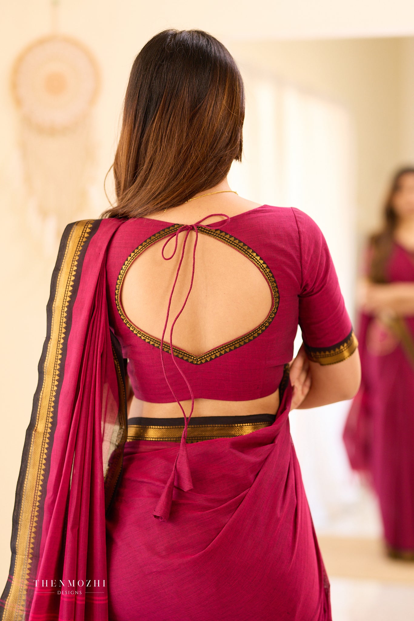Deep wine pink and black border Chettinad cotton Blouse