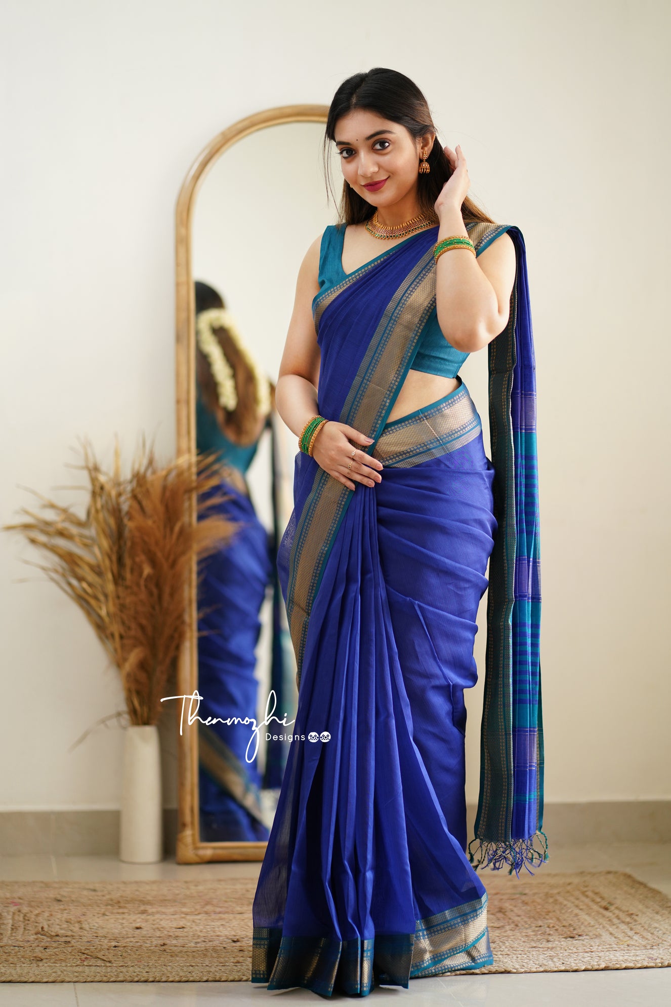 Linen Cotton Bagru Hand-Block Printed Saree-Blue