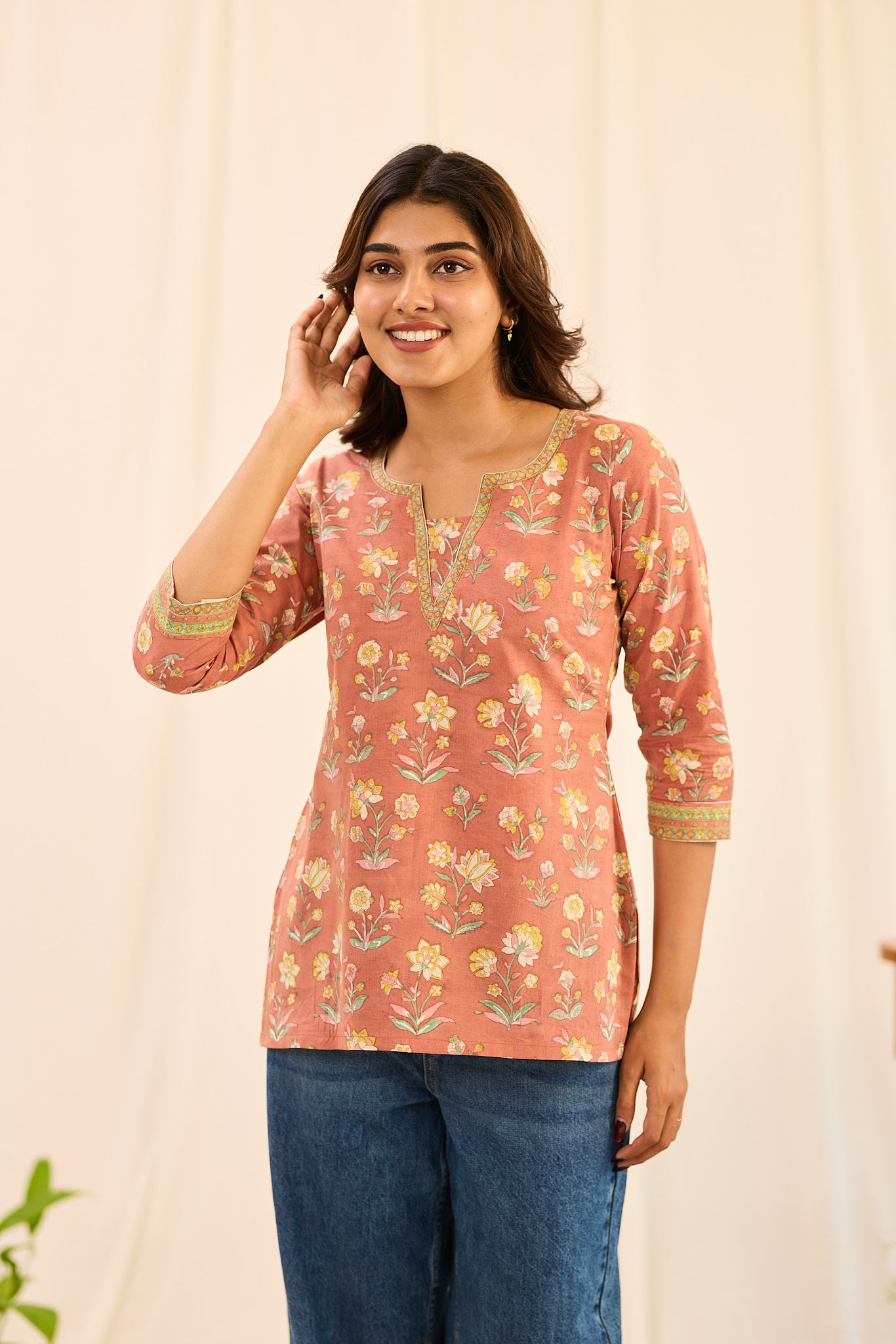 Dusty Coral with Yellow Floral  Printed Cotton Short Kurti