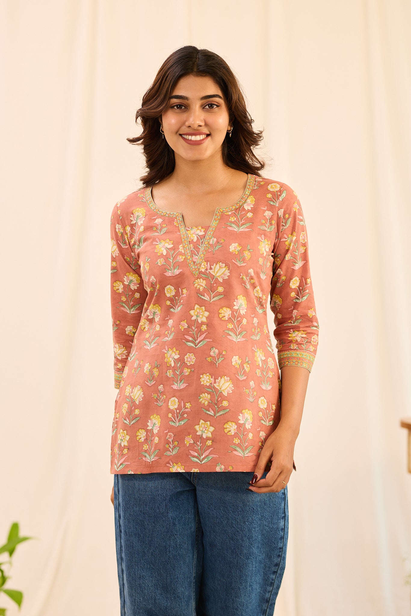 Dusty Coral with Yellow Floral  Printed Cotton Short Kurti