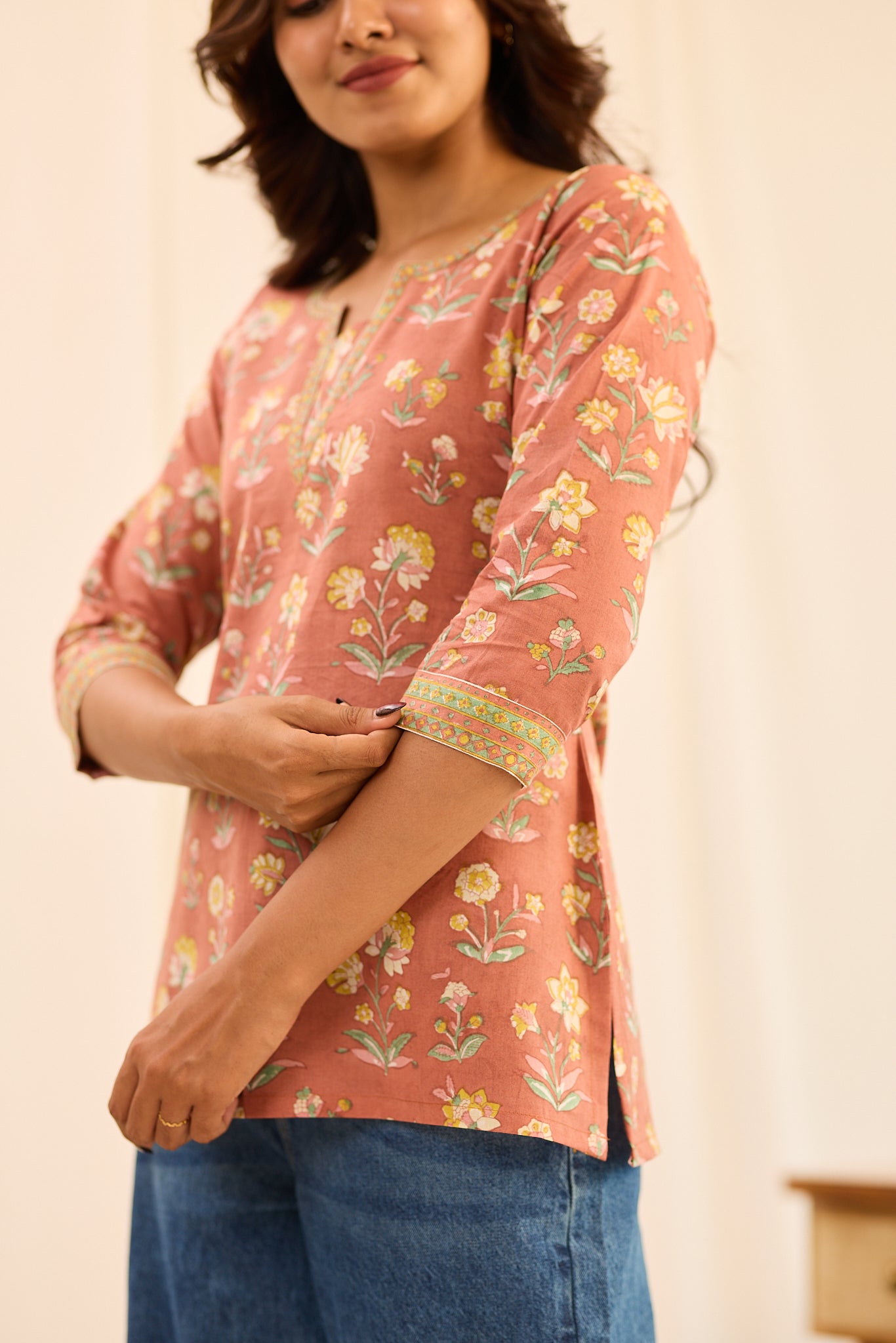 Dusty Coral with Yellow Floral  Printed Cotton Short Kurti