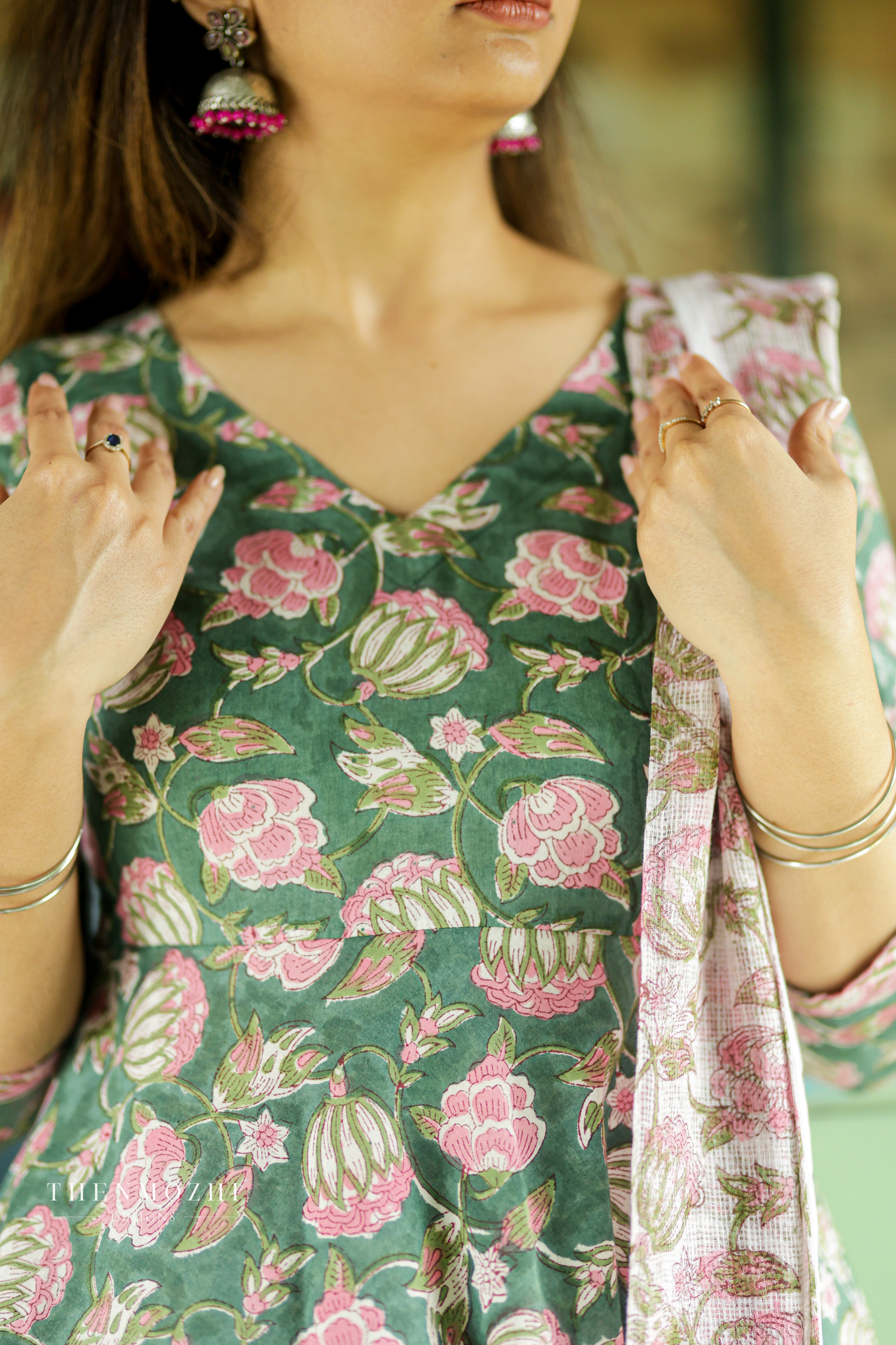 Dusty Green Floral Block printed Anarkali suit set