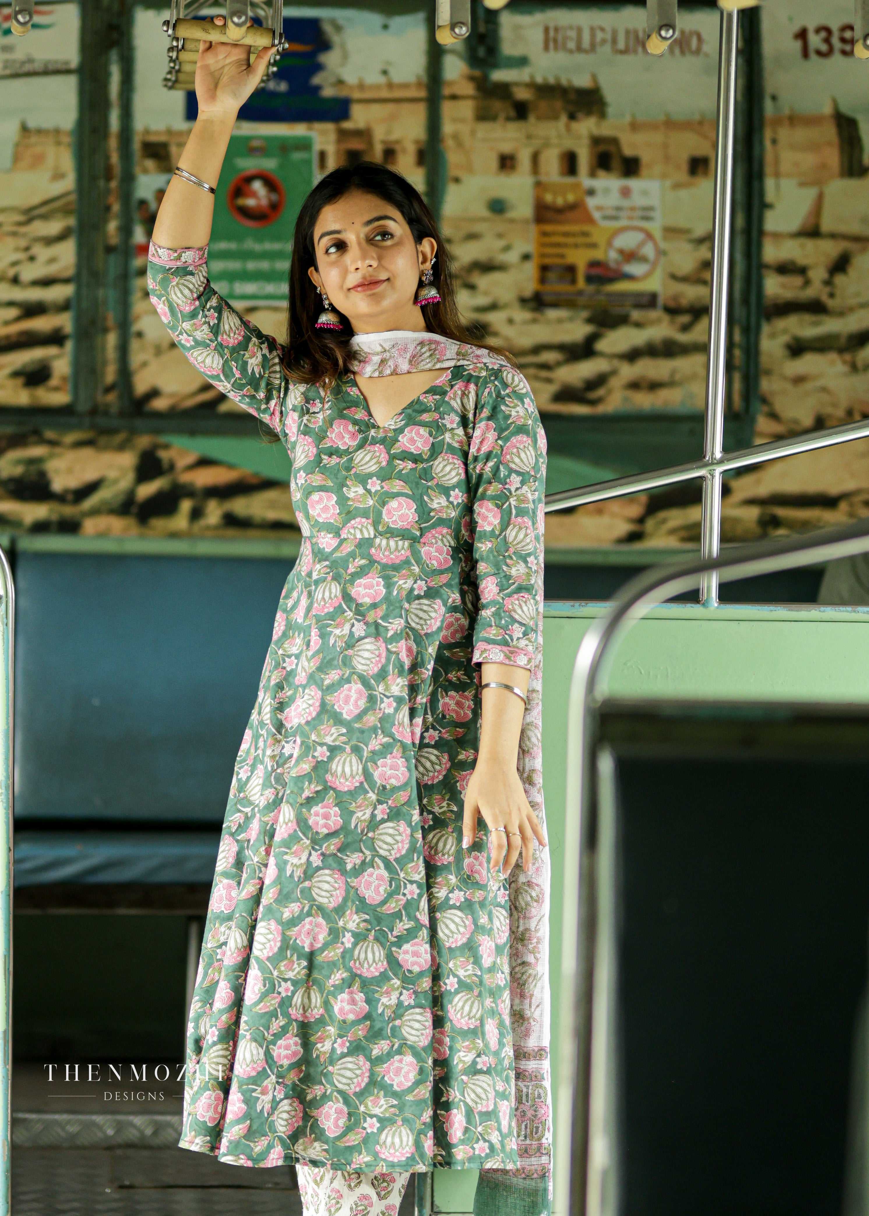 Dusty Green Floral Block printed Anarkali suit set