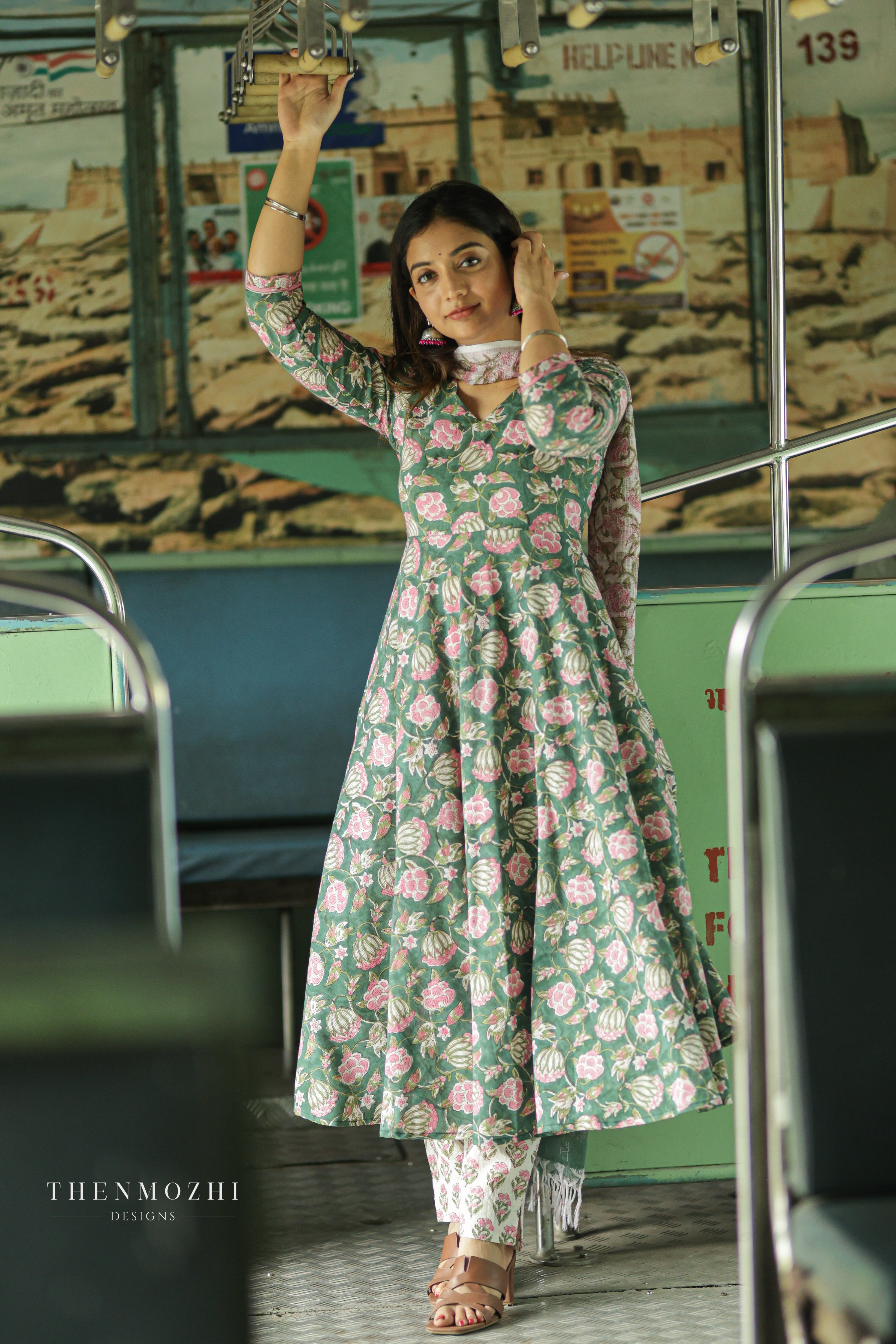 Dusty Green Floral Block printed Anarkali suit set