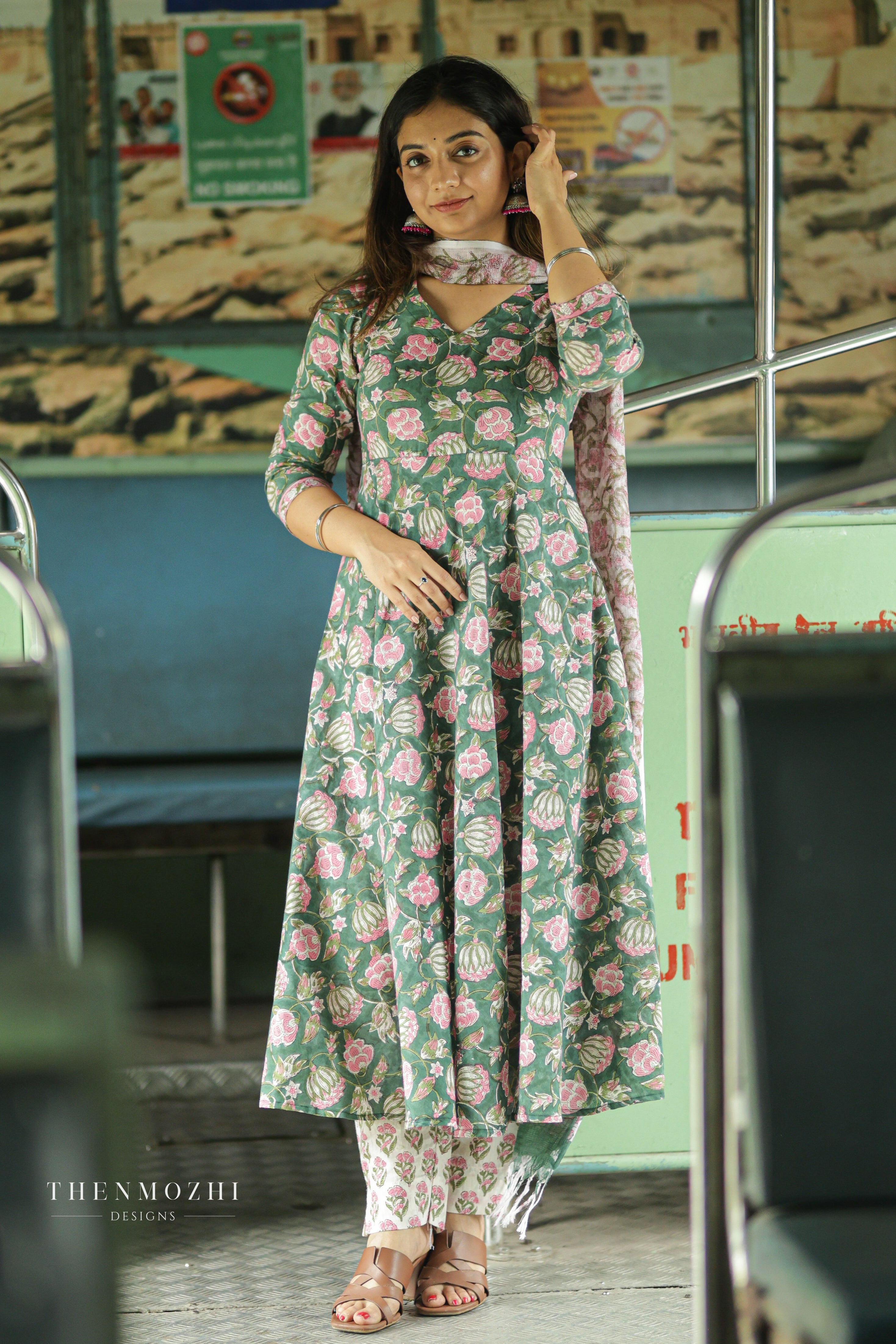 Dusty Green Floral Block printed Anarkali suit set