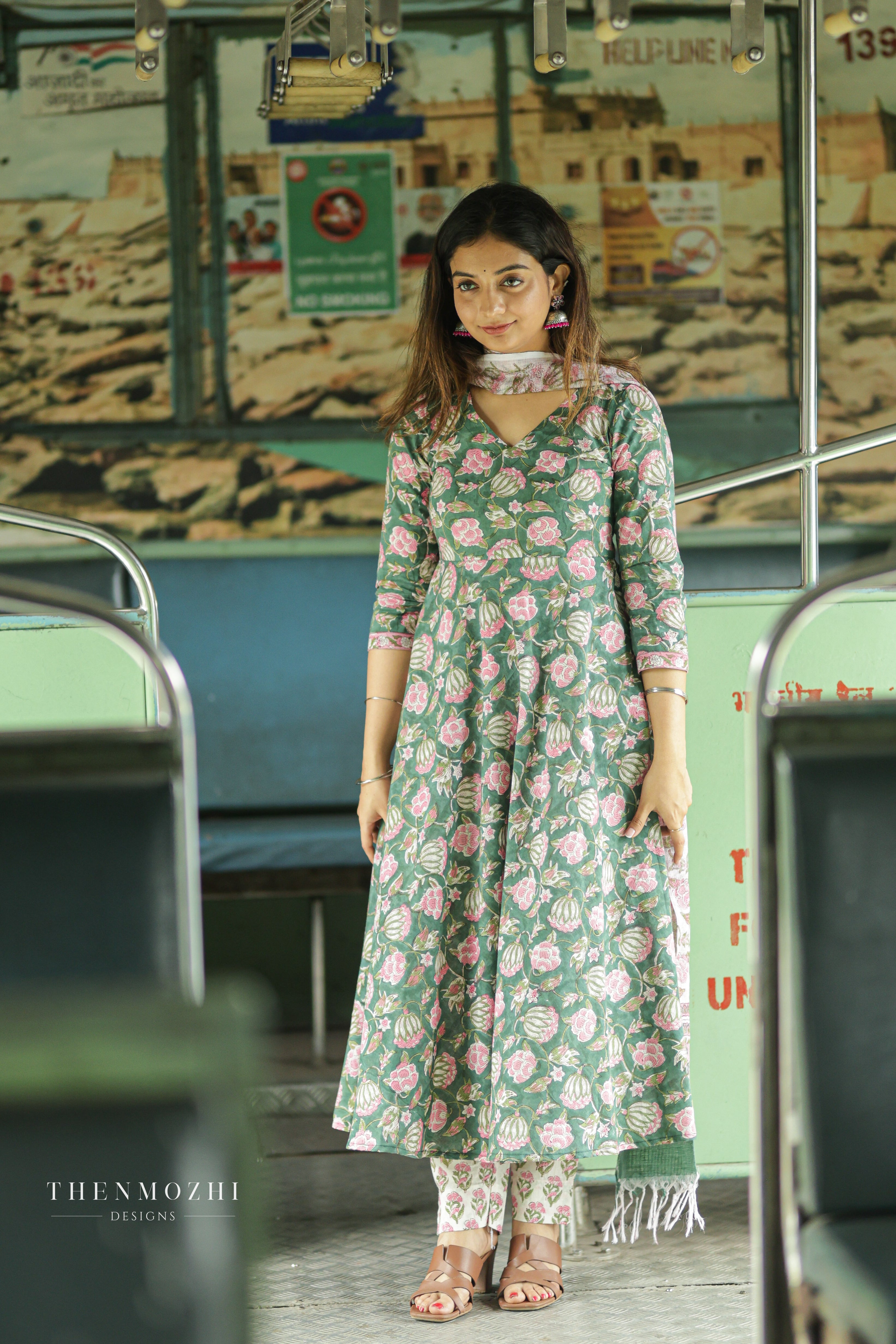 Dusty Green Floral Block printed Anarkali suit set