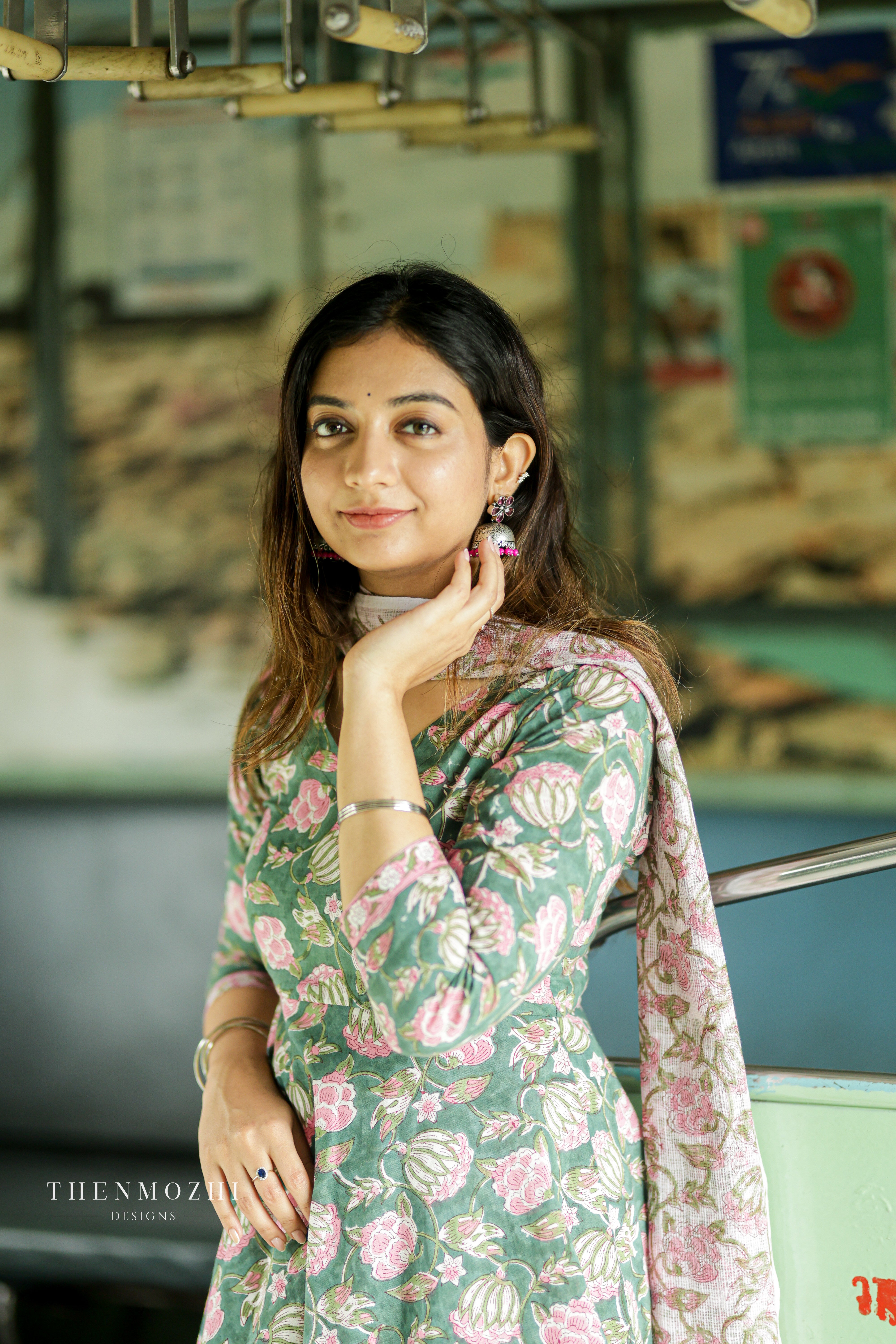 Dusty Green Floral Block printed Anarkali suit set