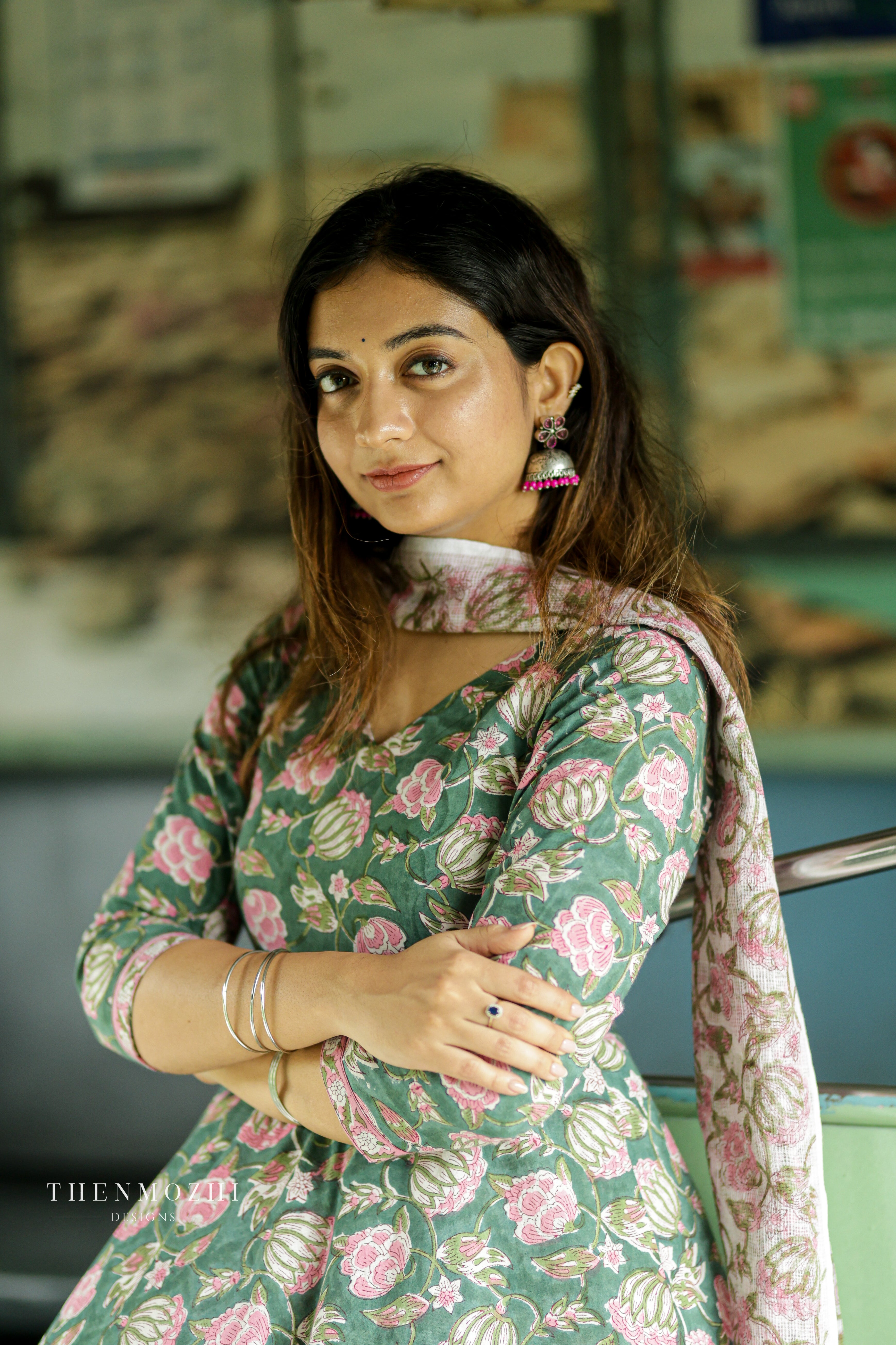 Dusty Green Floral Block printed Anarkali suit set