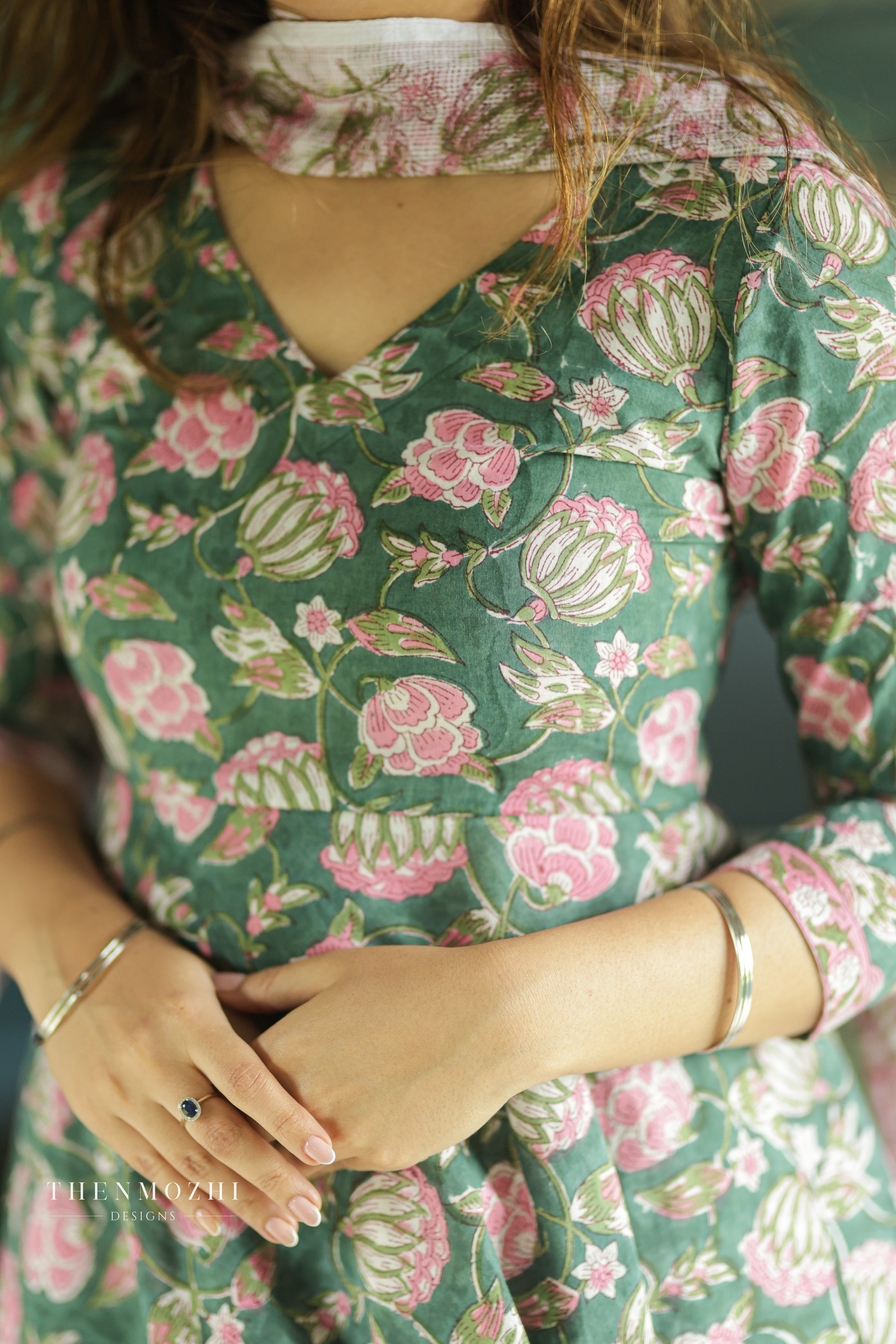 Dusty Green Floral Block printed Anarkali suit set