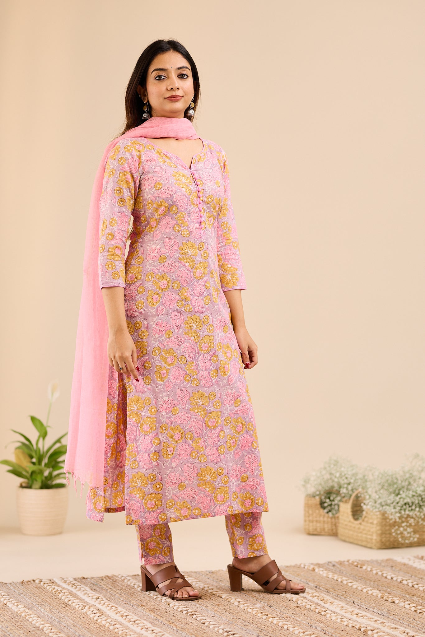 Dusty Lilac Floral Printed Cotton Suit-Set with Kota Dupatta
