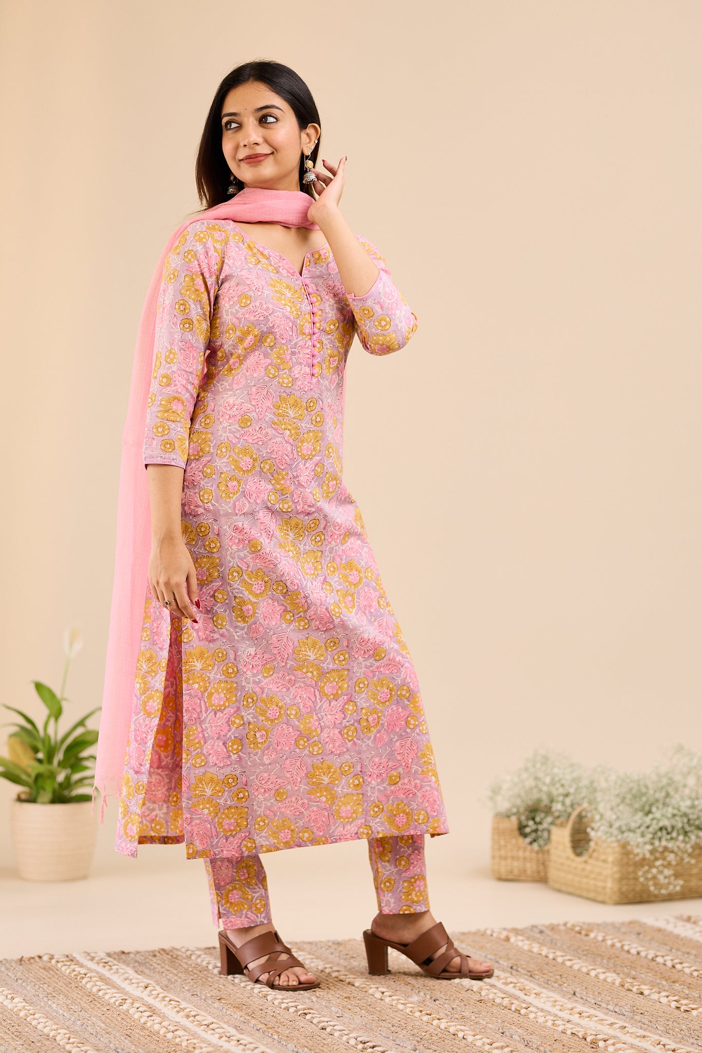 Dusty Lilac Floral Printed Cotton Suit-Set with Kota Dupatta