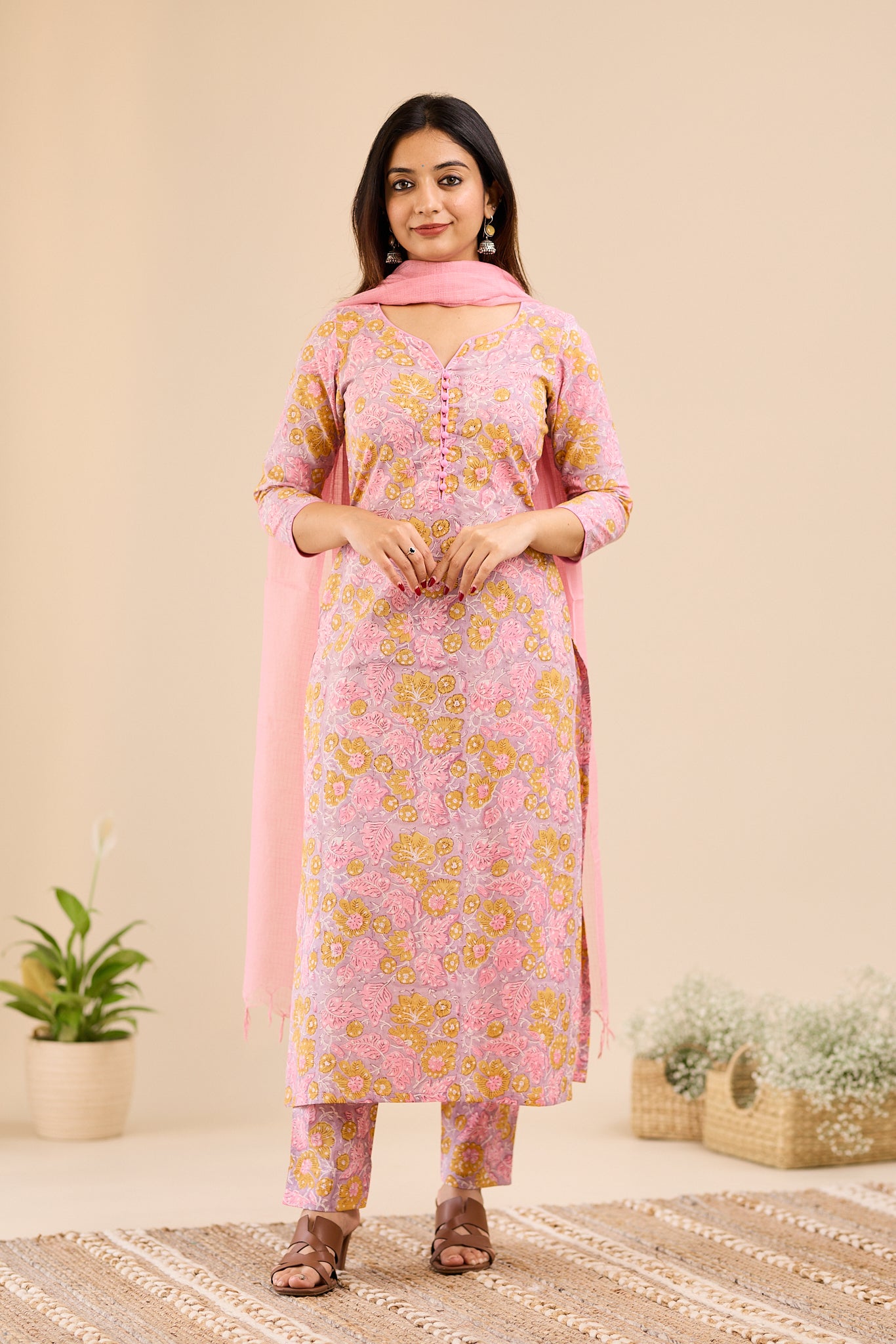 Dusty Lilac Floral Printed Cotton Suit-Set with Kota Dupatta