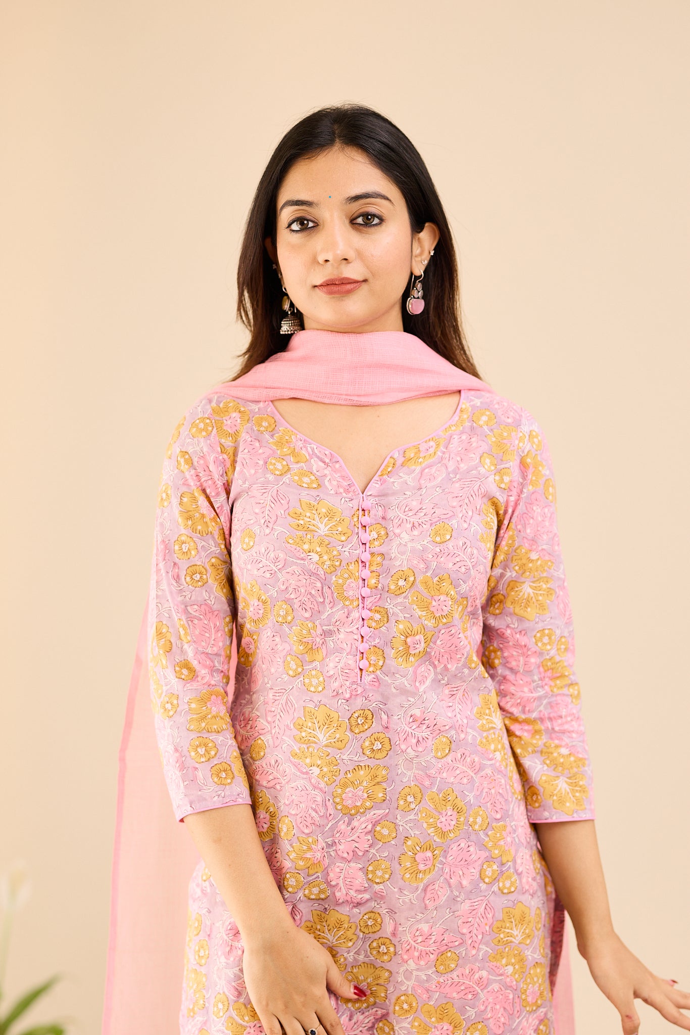 Dusty Lilac Floral Printed Cotton Suit-Set with Kota Dupatta