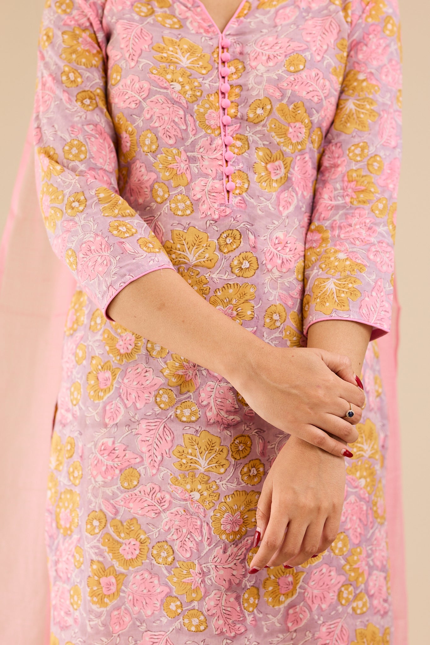 Dusty Lilac Floral Printed Cotton Suit-Set with Kota Dupatta