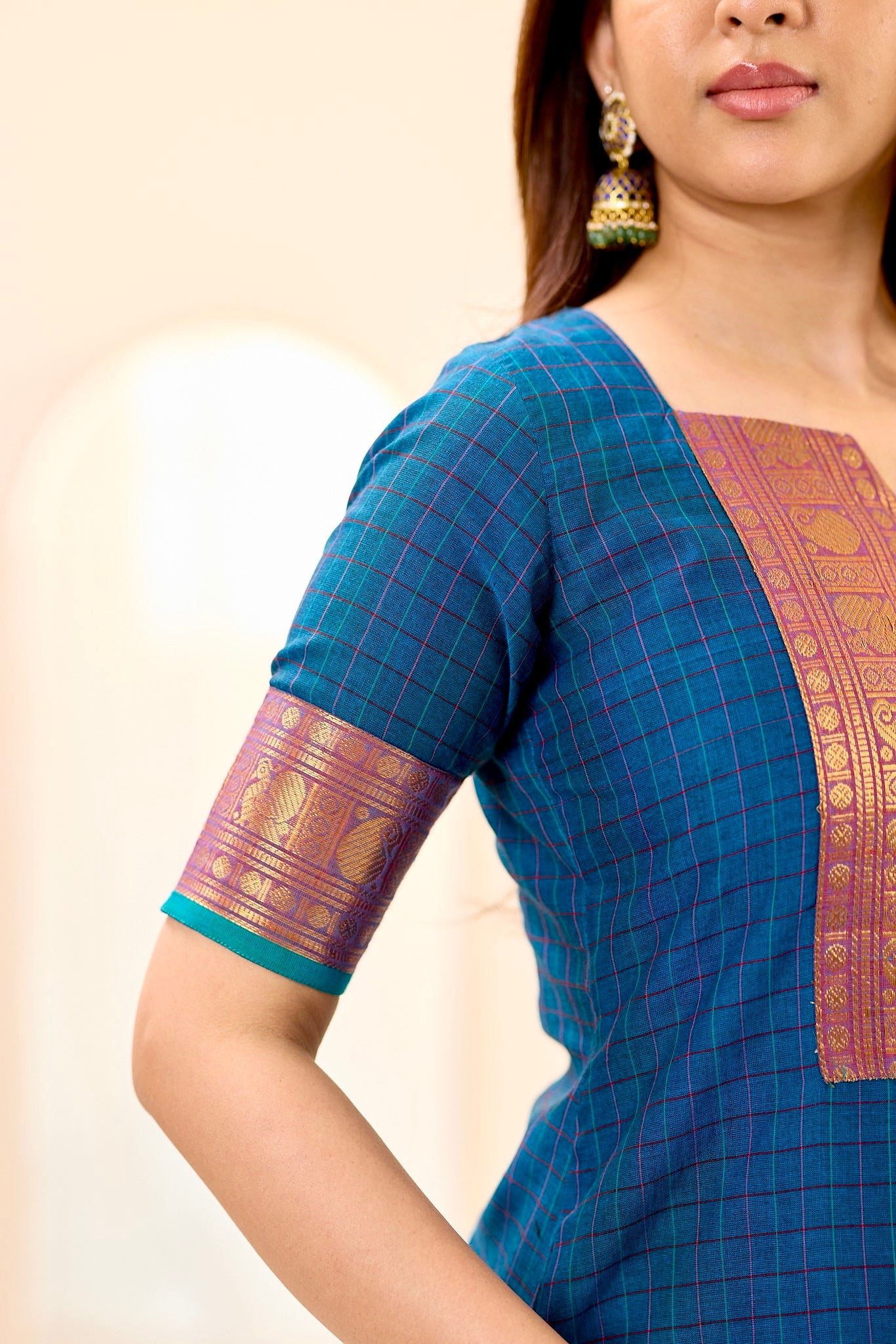 Peacock Blue Checks with Teal Green Border Chettinad Cotton Top and Dupatta