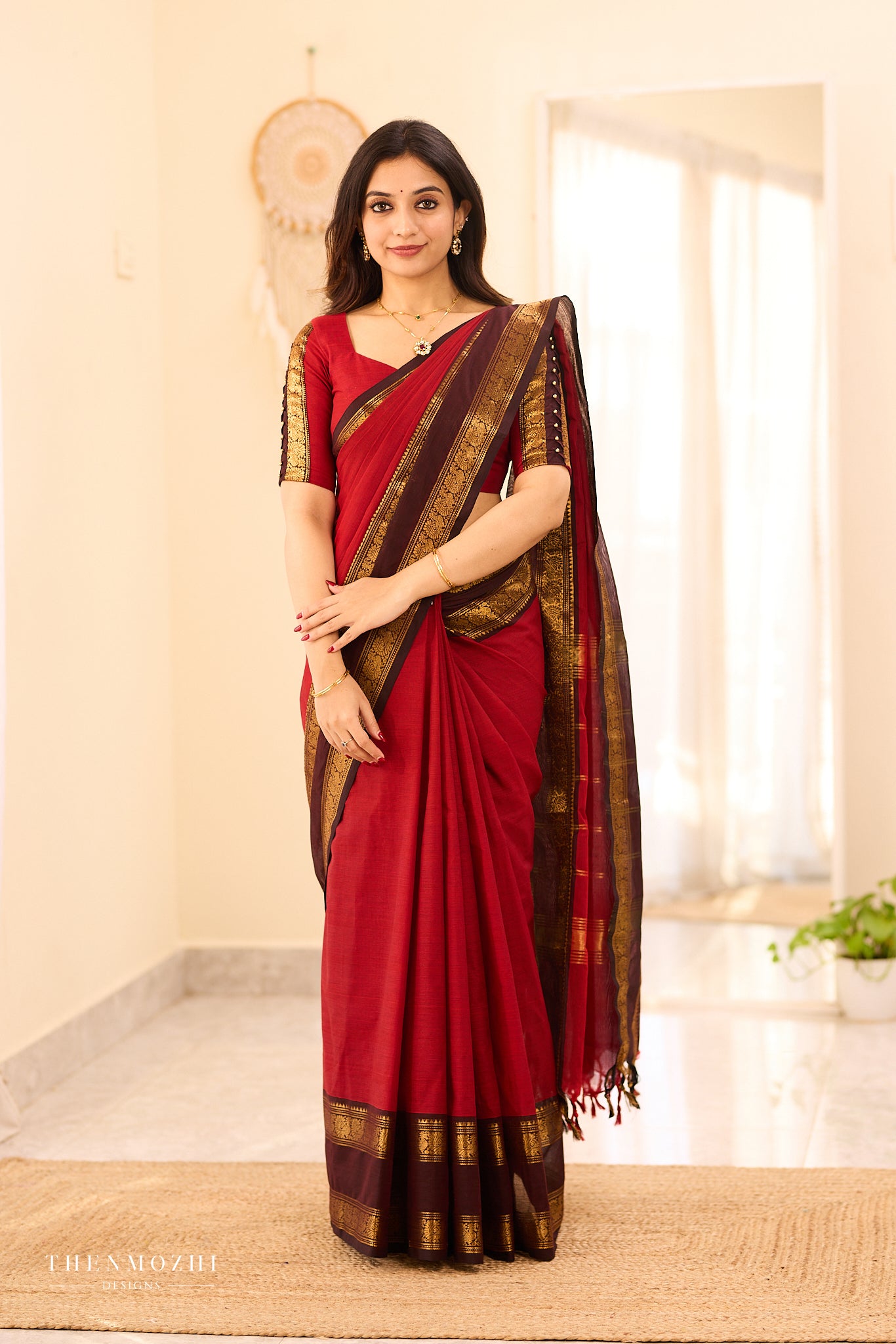 Earth Red with Coffee Brown border Chettinad Cotton saree