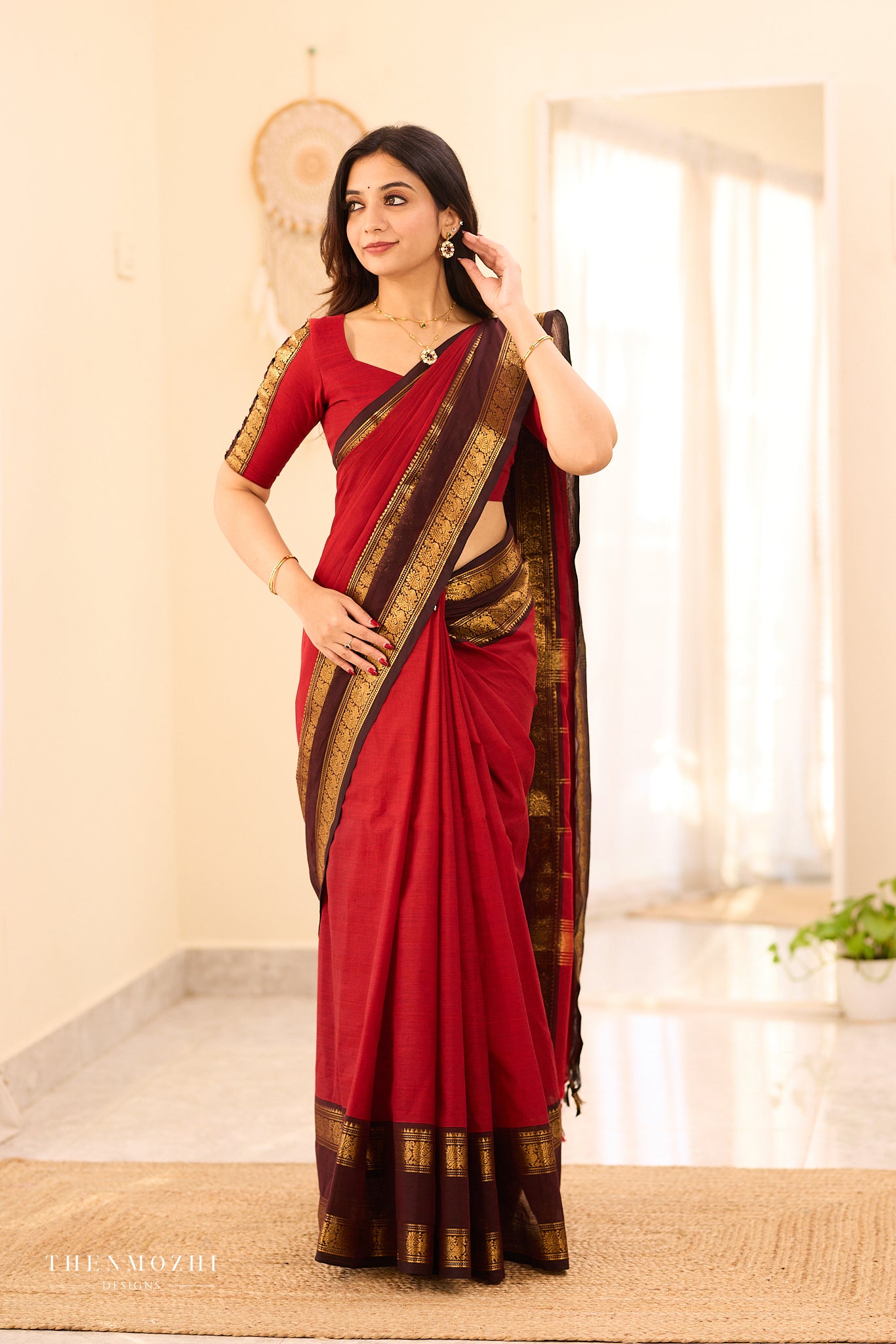 Earth Red with Coffee Brown border Chettinad Cotton saree