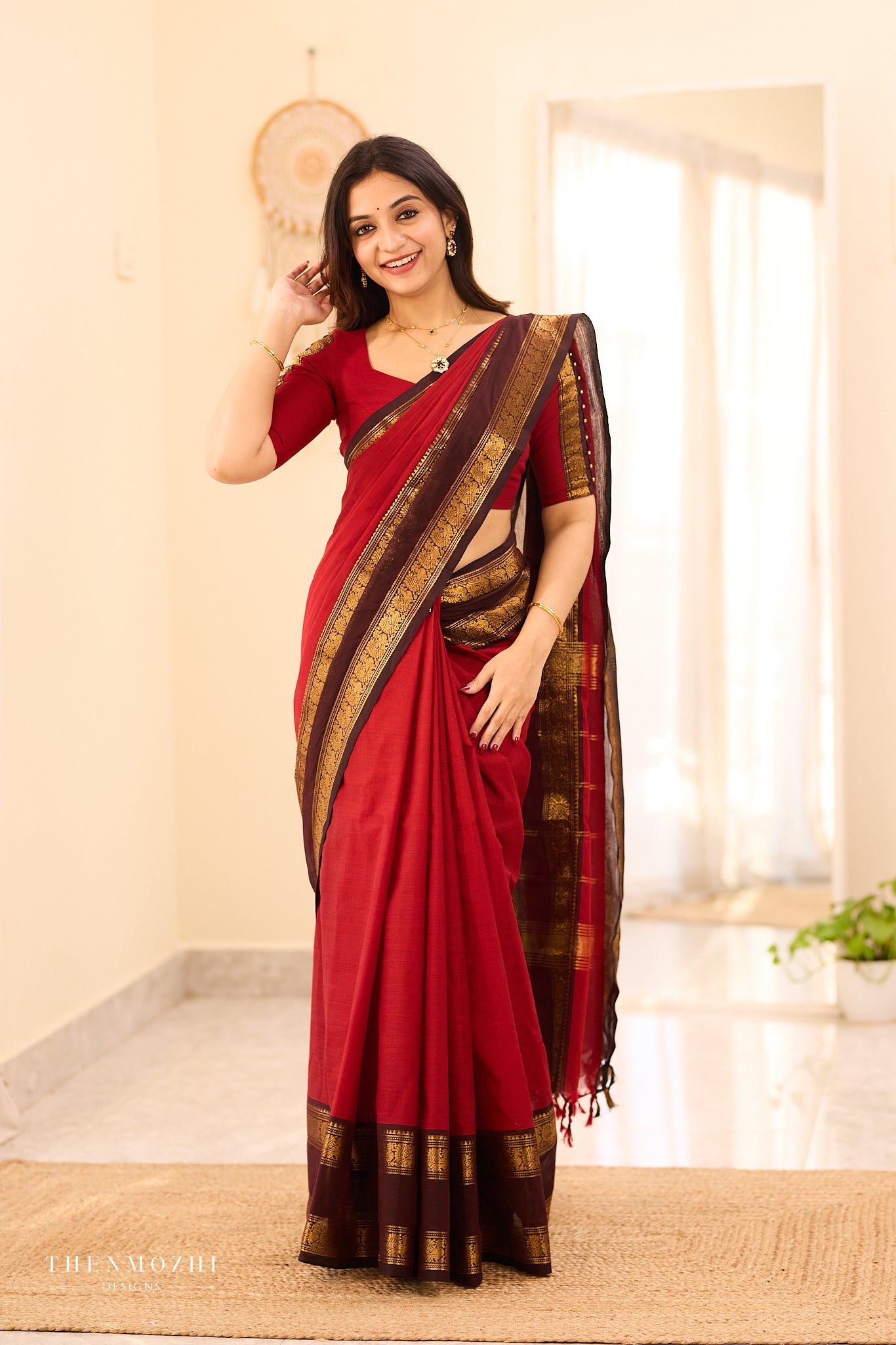 Earth Red with Coffee Brown border Chettinad Cotton saree