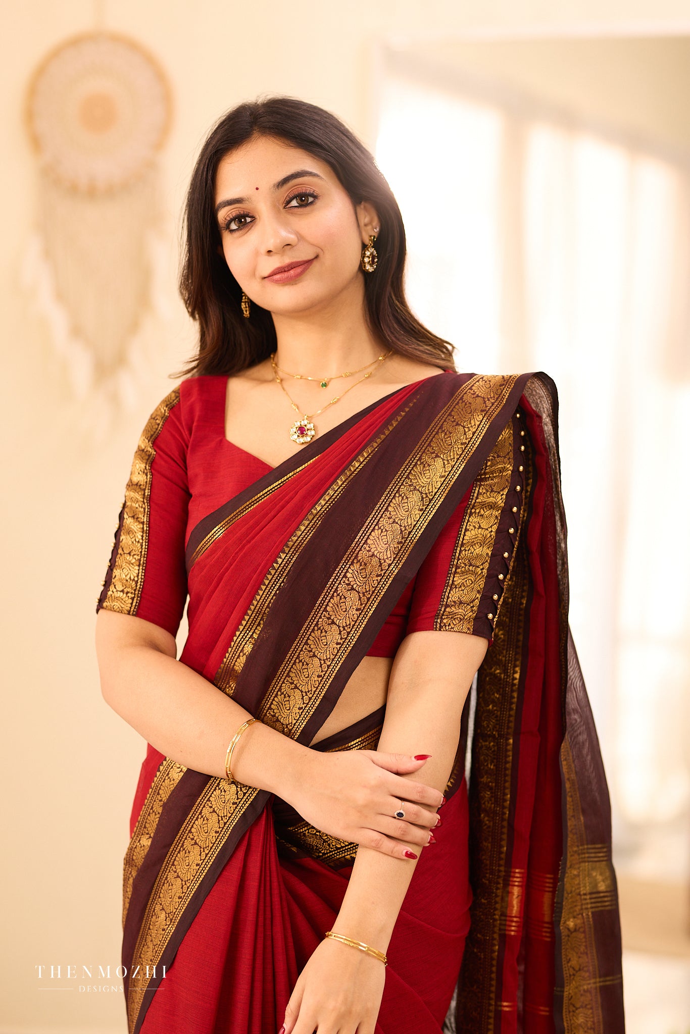 Earth Red with Coffee Brown border Chettinad Cotton saree