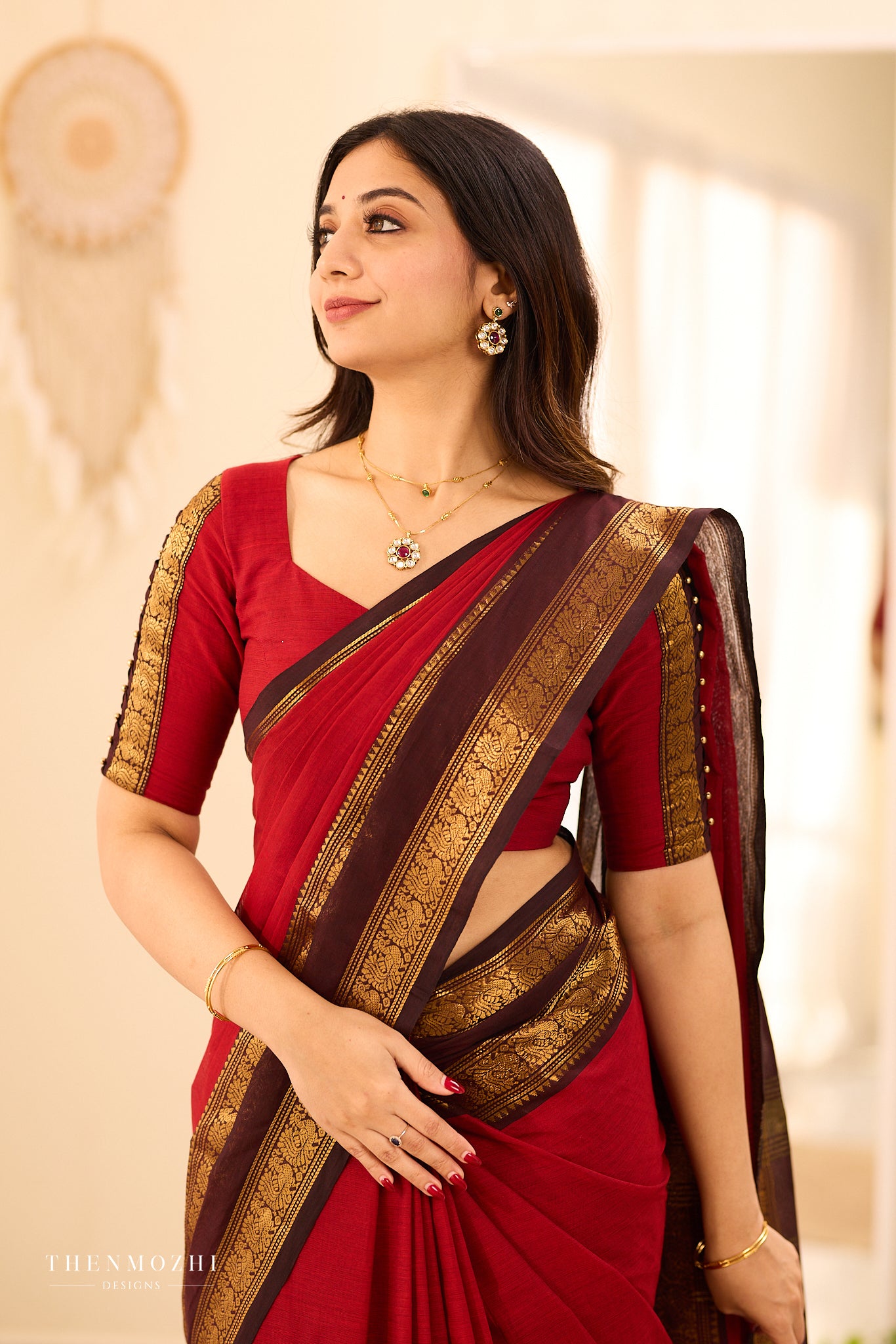 Earth Red with Coffee Brown border Chettinad Cotton saree