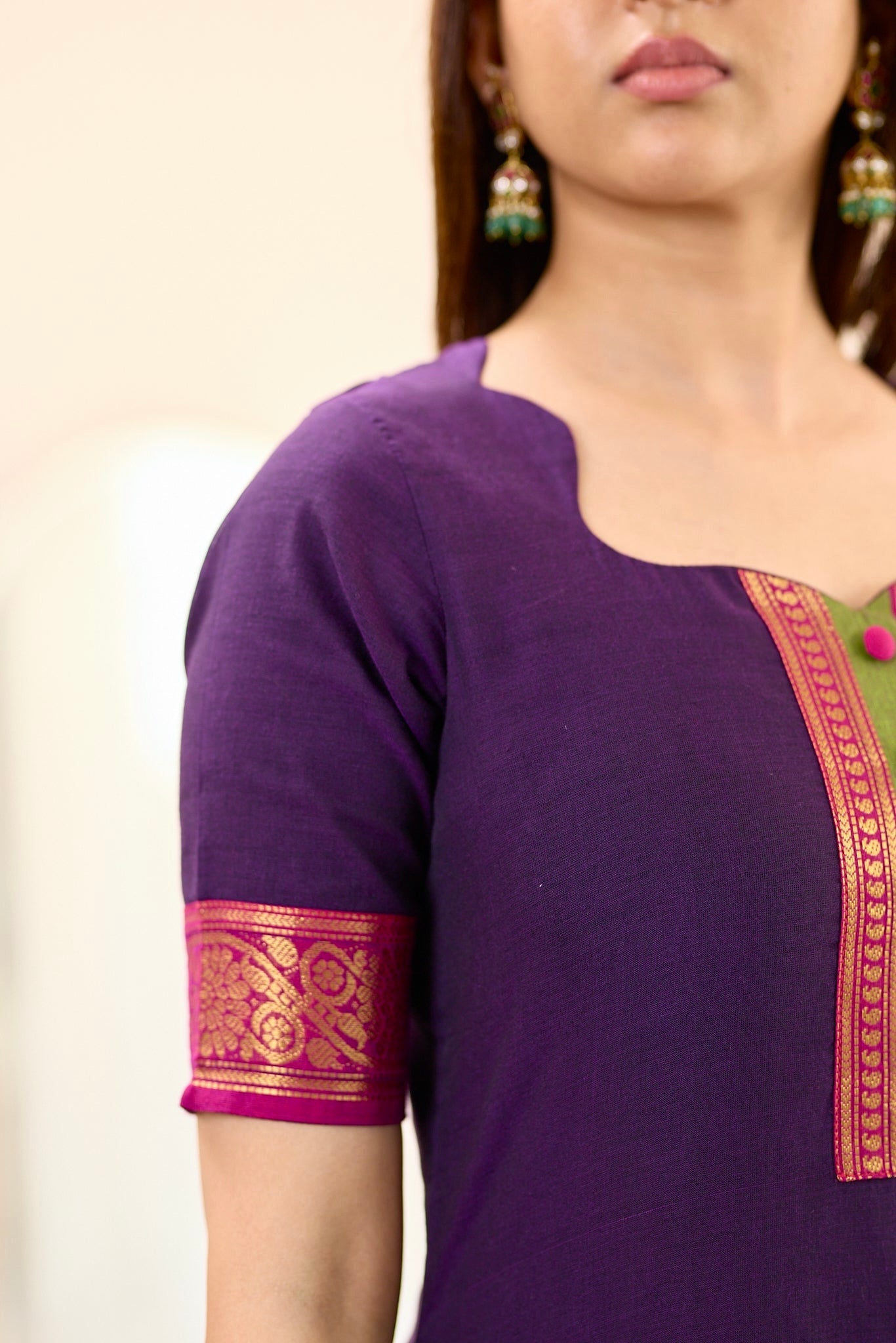 Deep Purple with Pink Zari Chettinad Cotton Top and Dupatta