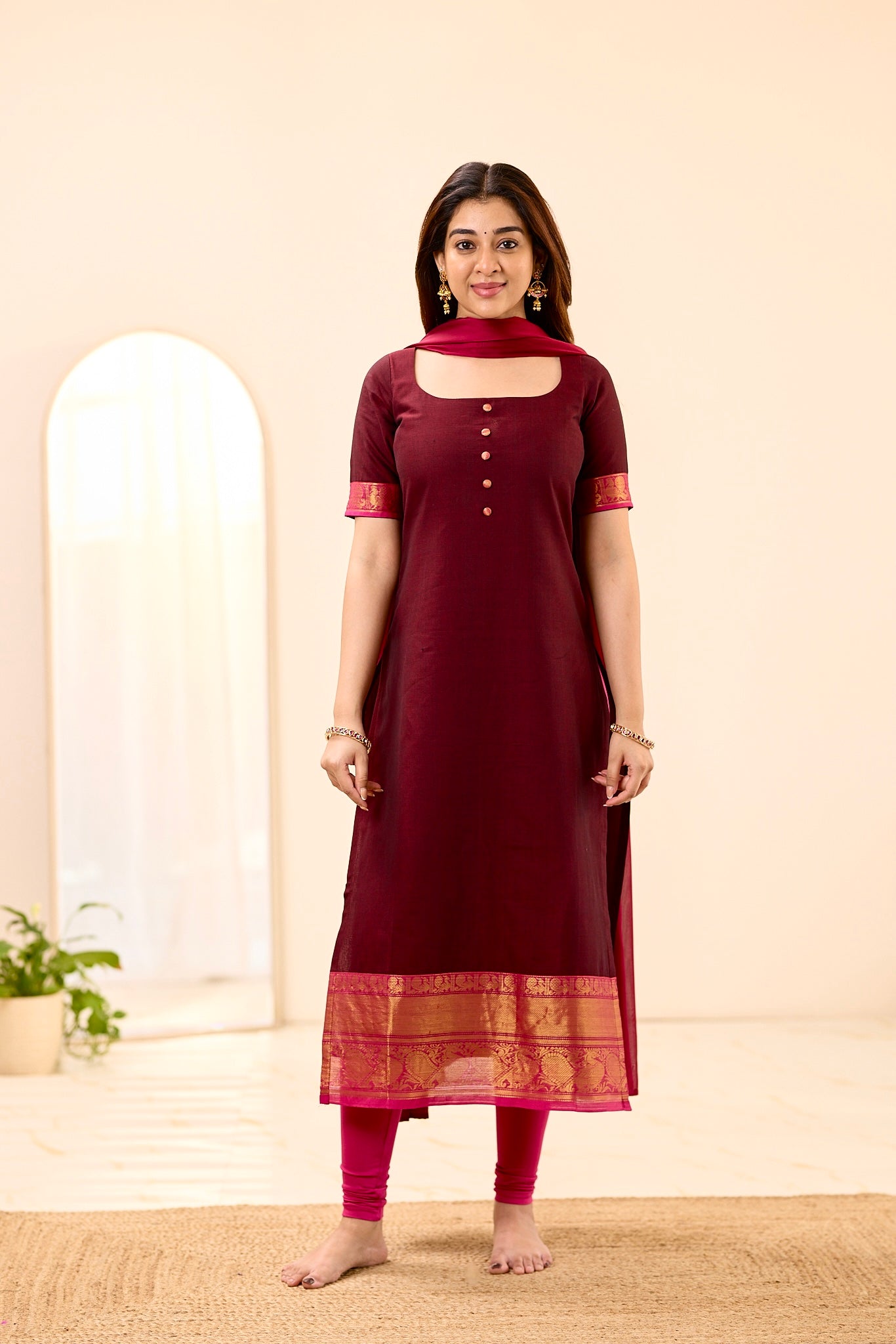 Rich Burgundy with Rani Pink Border Chettinad Top and Dupatta
