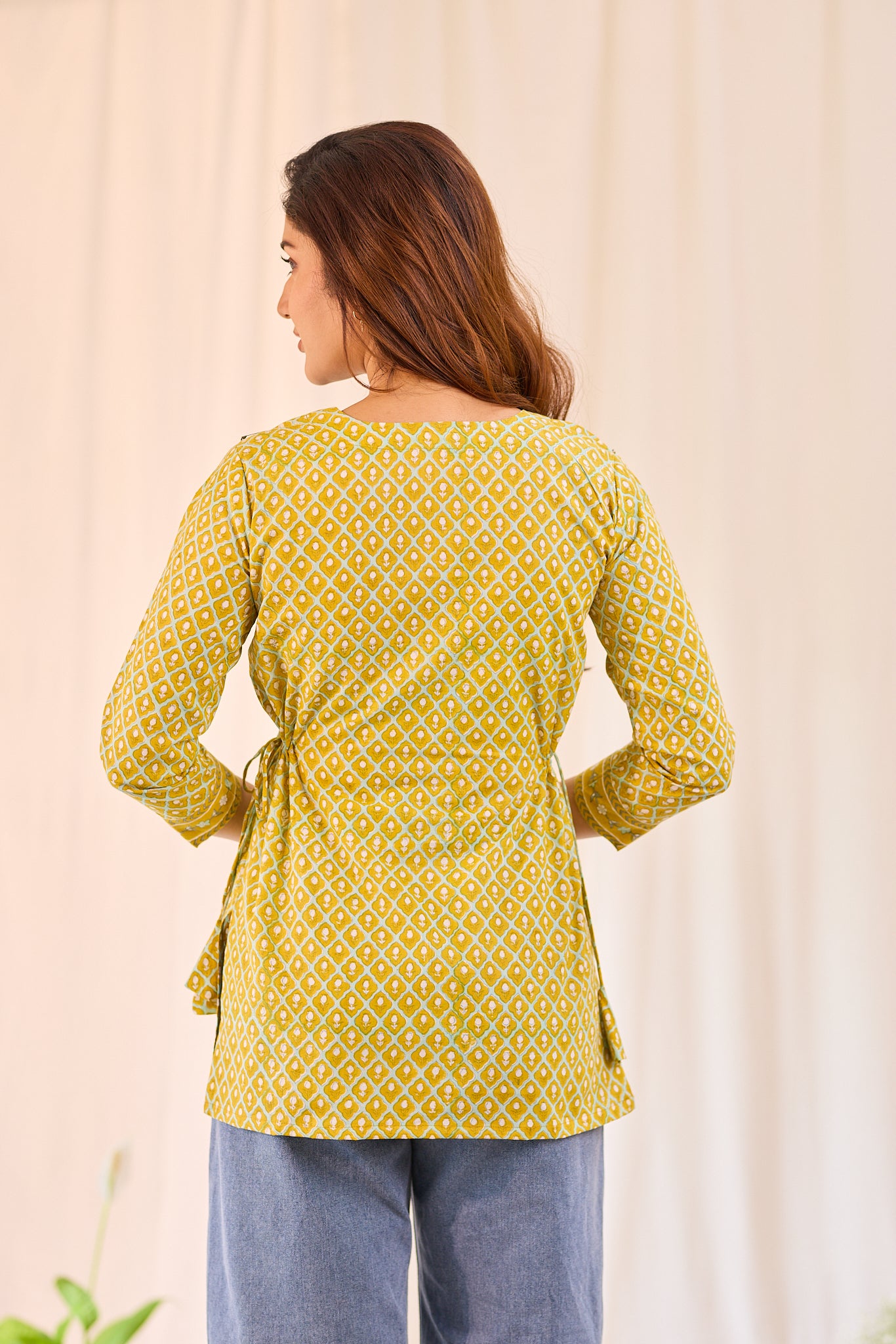 Golden Mustard Printed Cotton Short Kurti