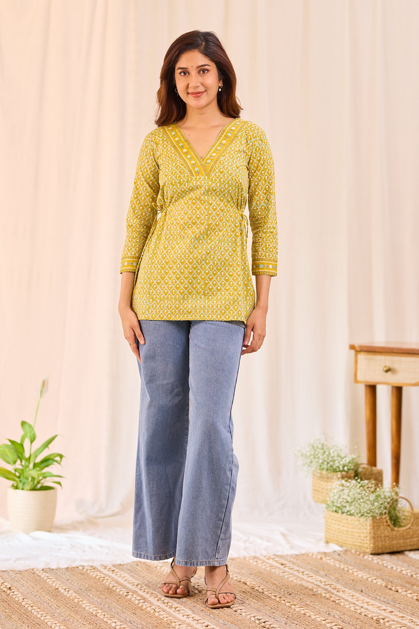 Golden Mustard Printed Cotton Short Kurti