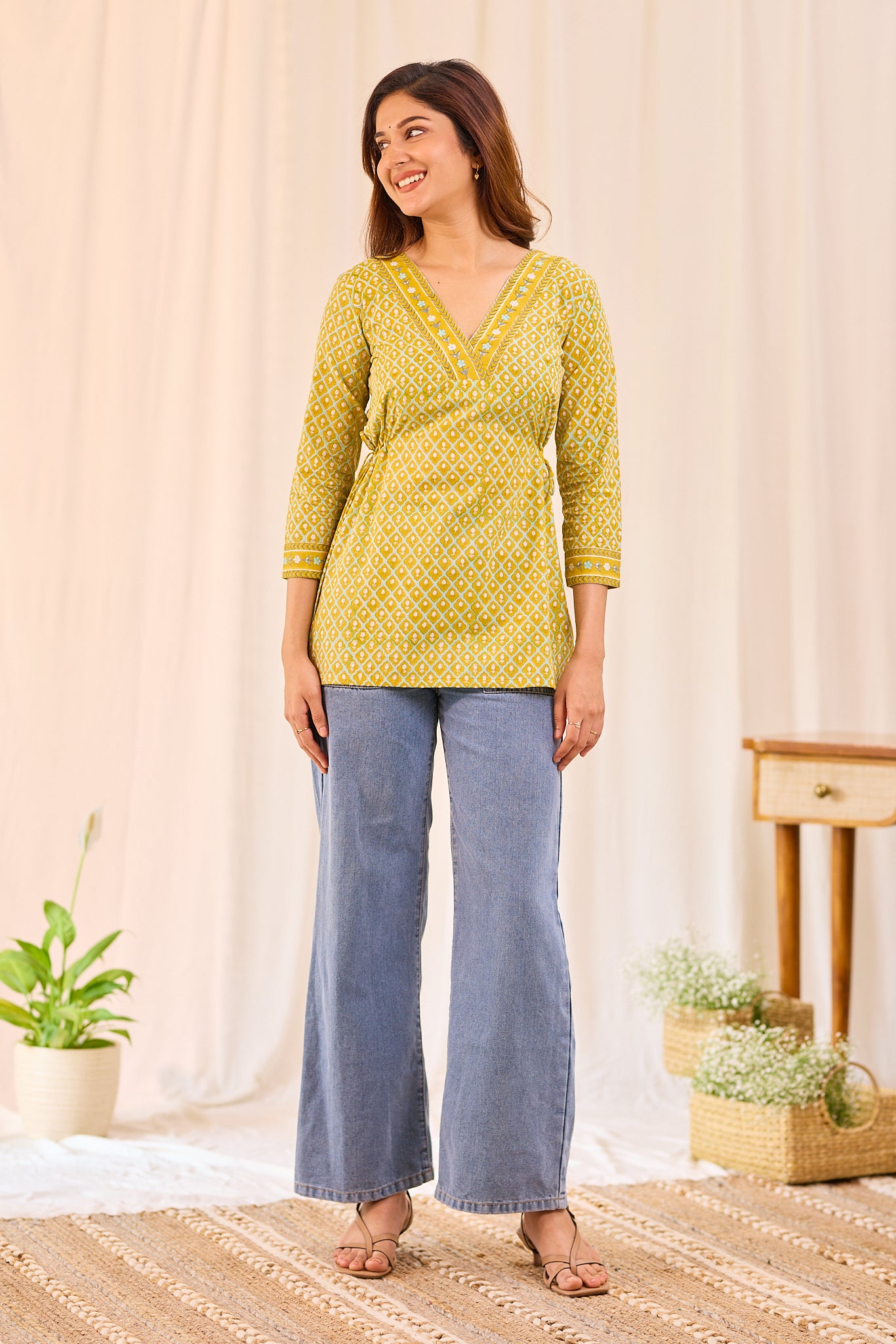 Golden Mustard Printed Cotton Short Kurti