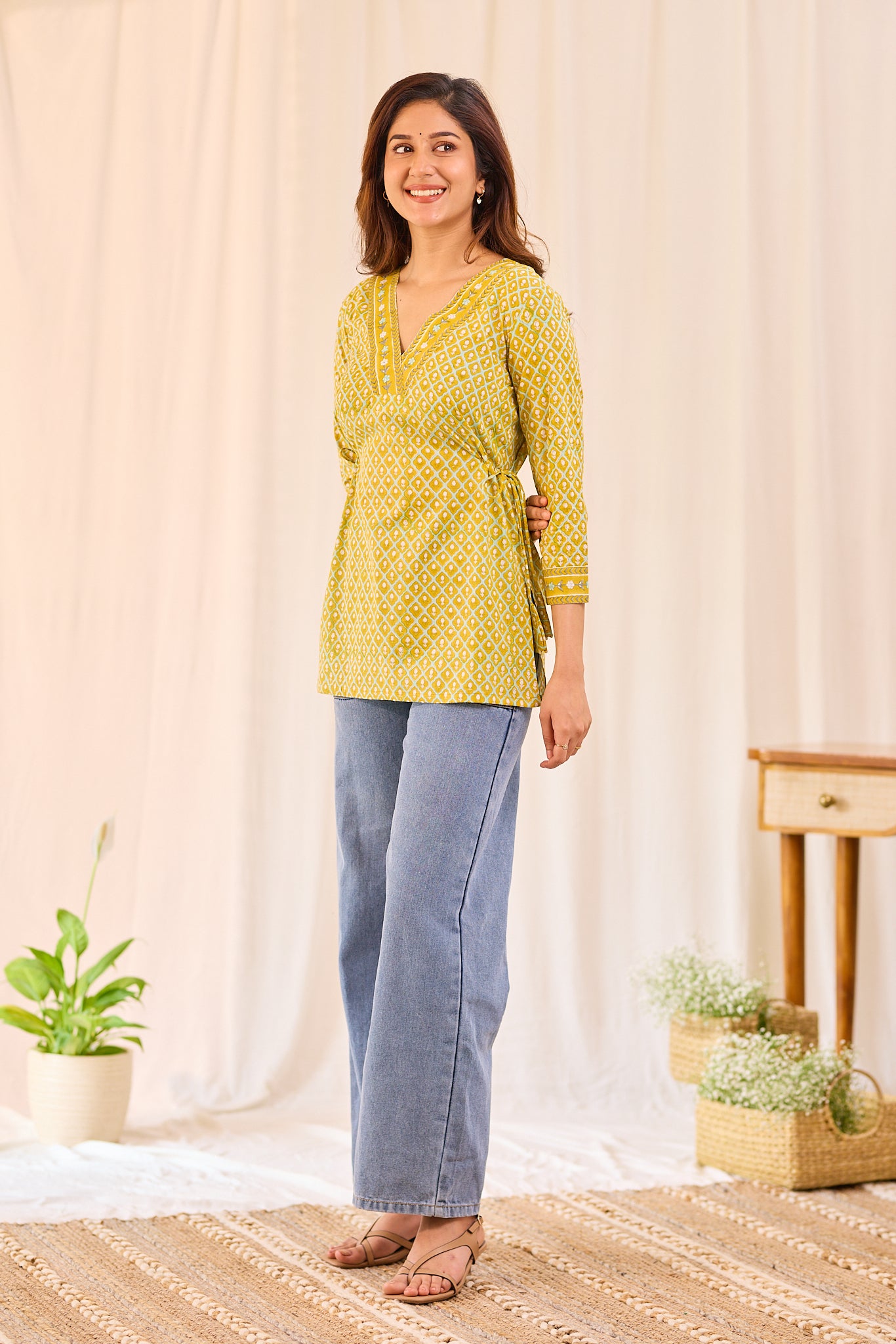 Golden Mustard Printed Cotton Short Kurti