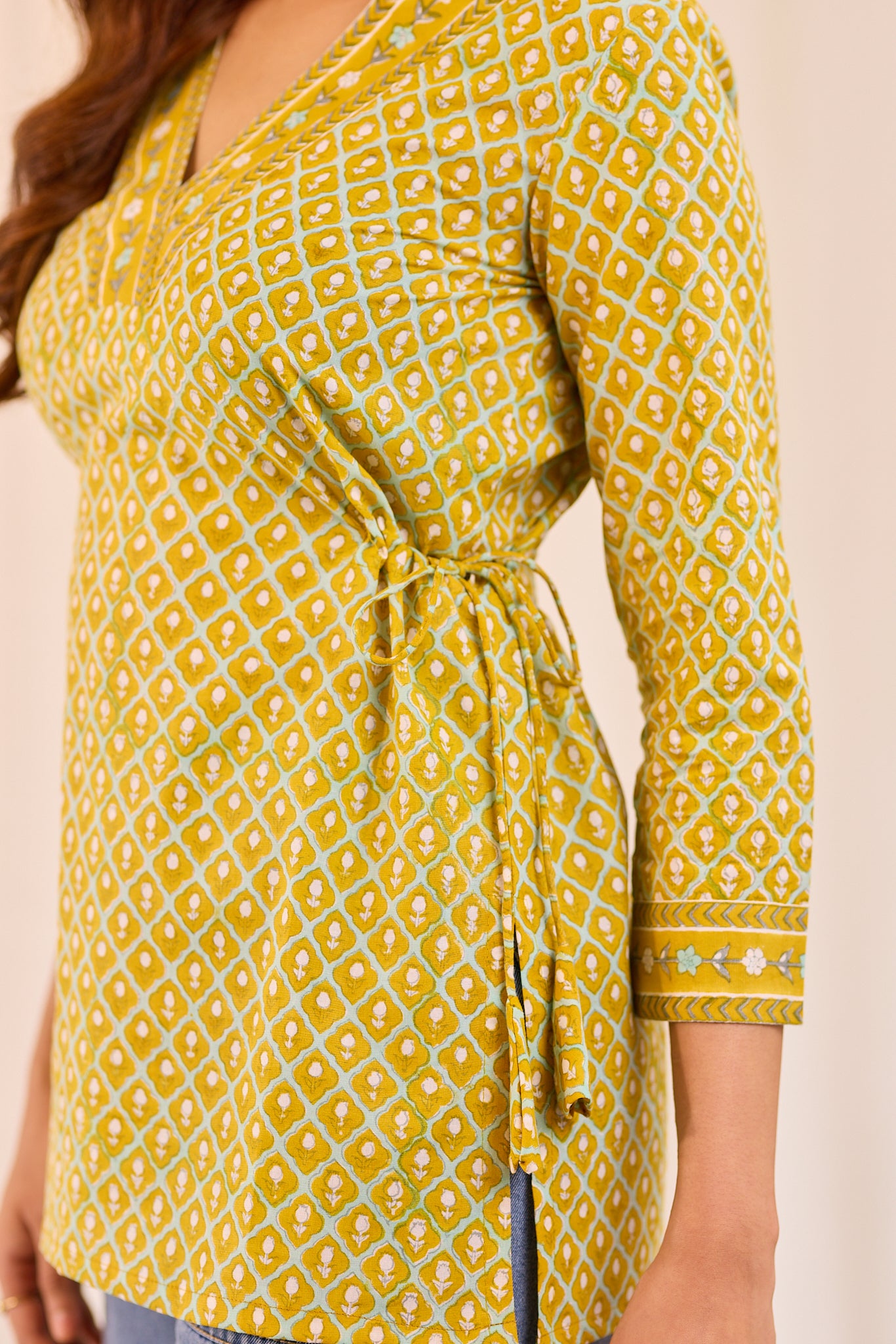 Golden Mustard Printed Cotton Short Kurti