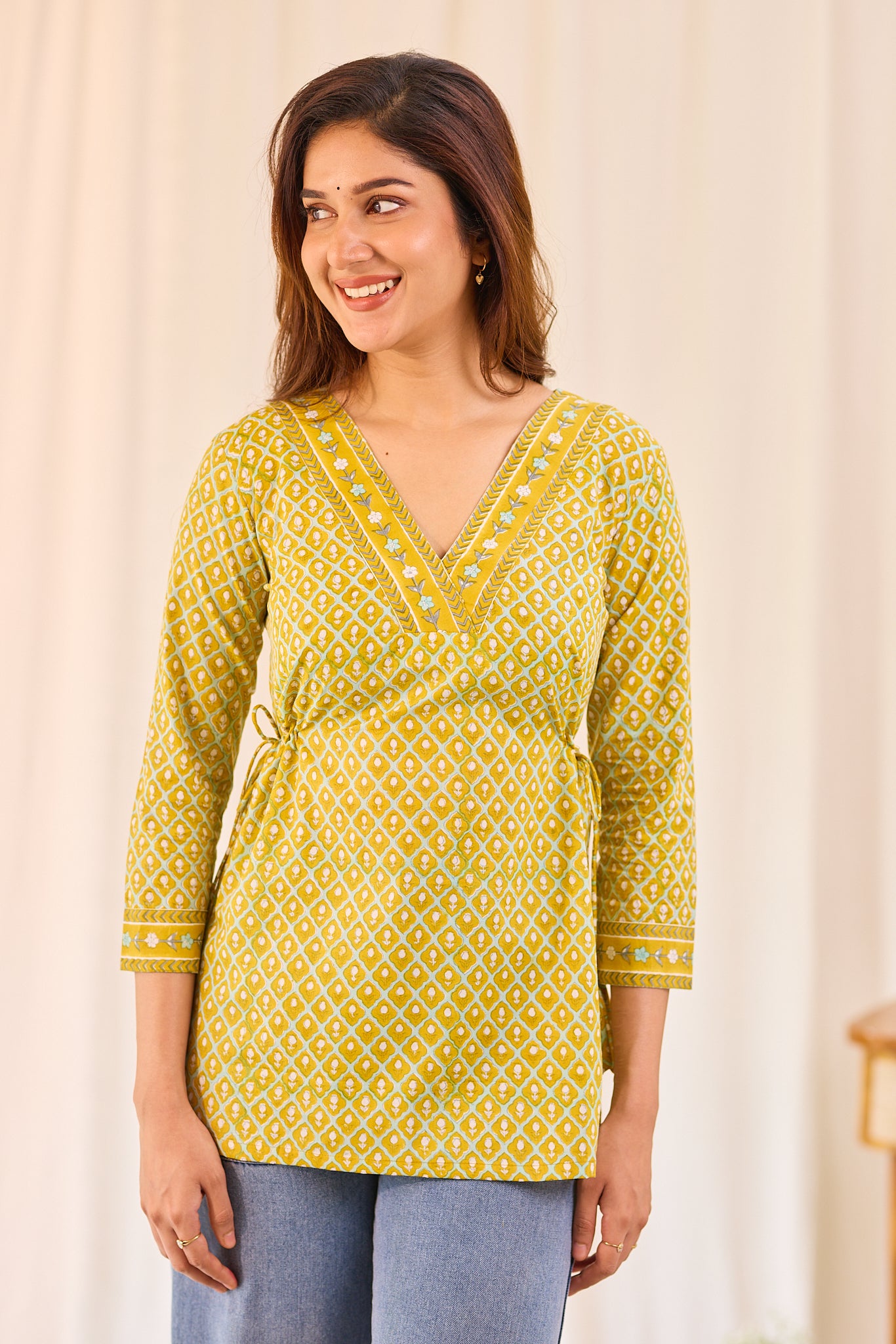 Golden Mustard Printed Cotton Short Kurti