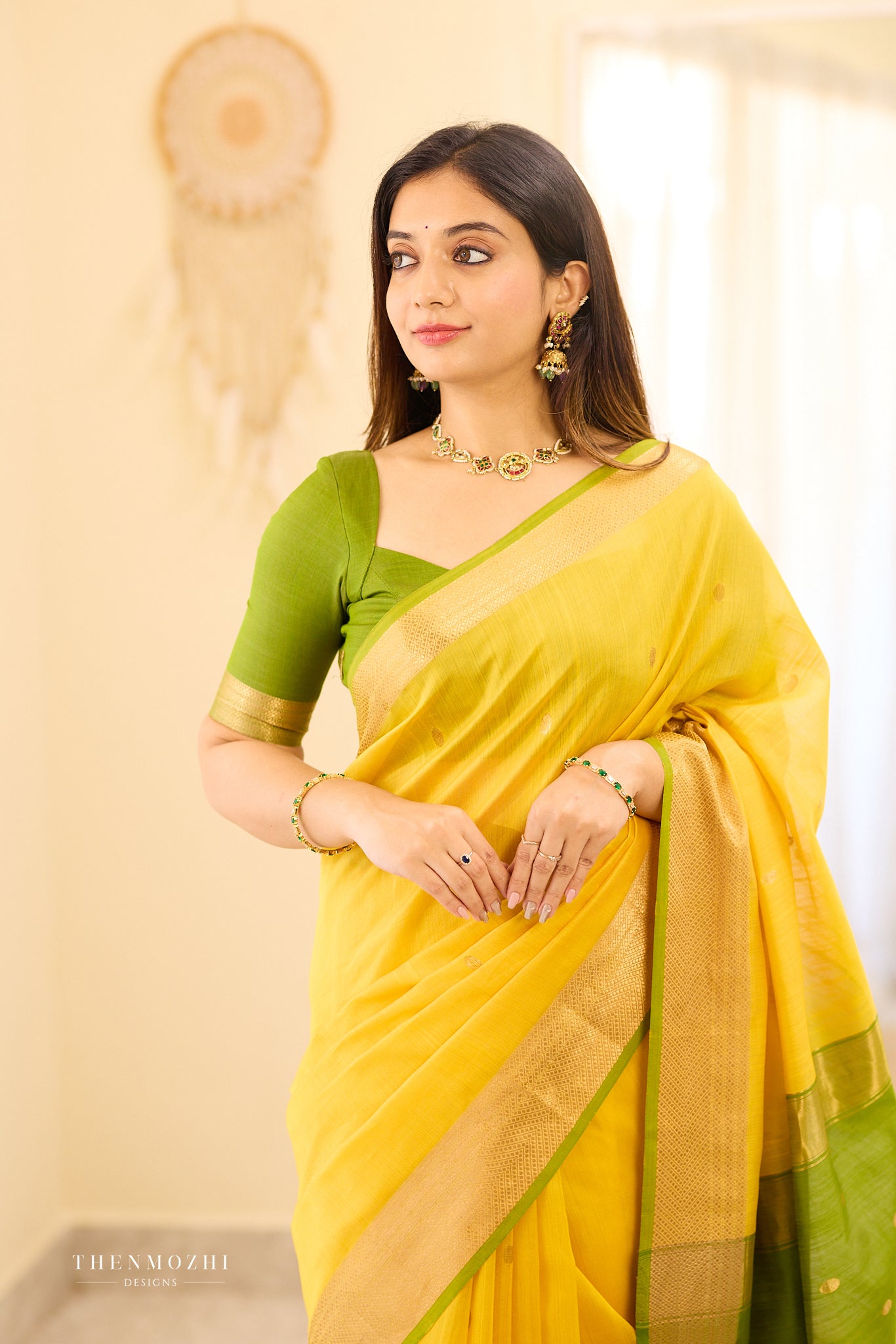 Golden yellow Maheshwari silk cotton saree