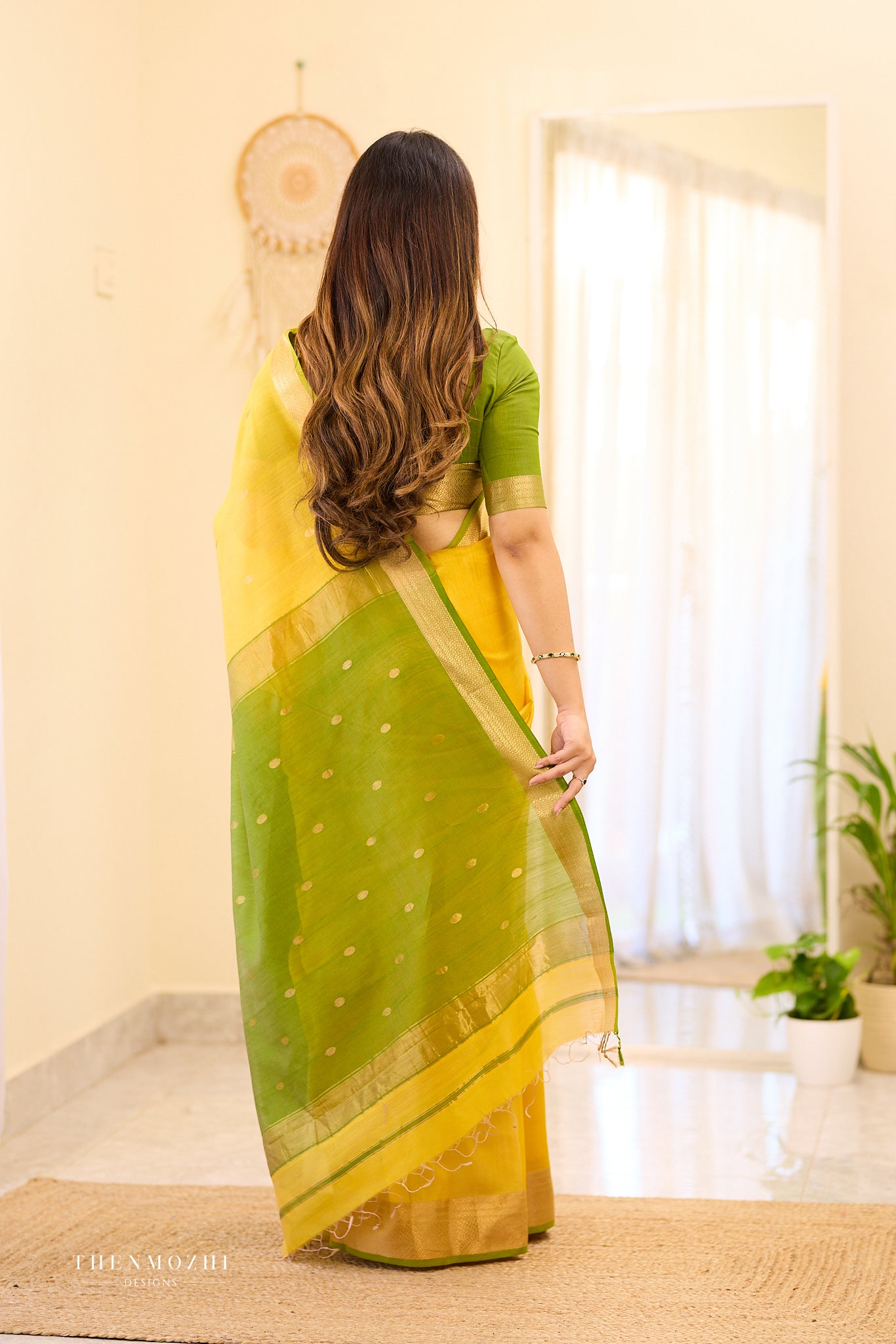 Golden yellow Maheshwari silk cotton saree