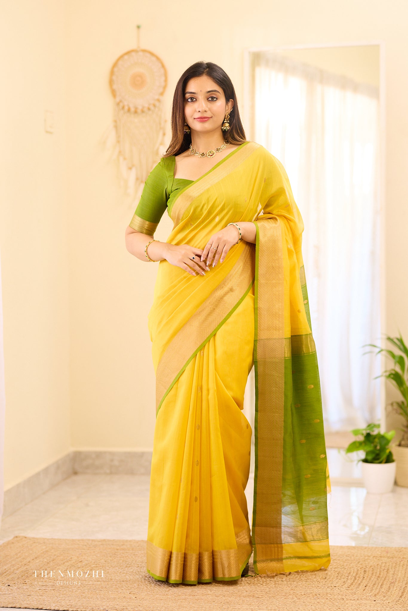Golden yellow Maheshwari silk cotton saree