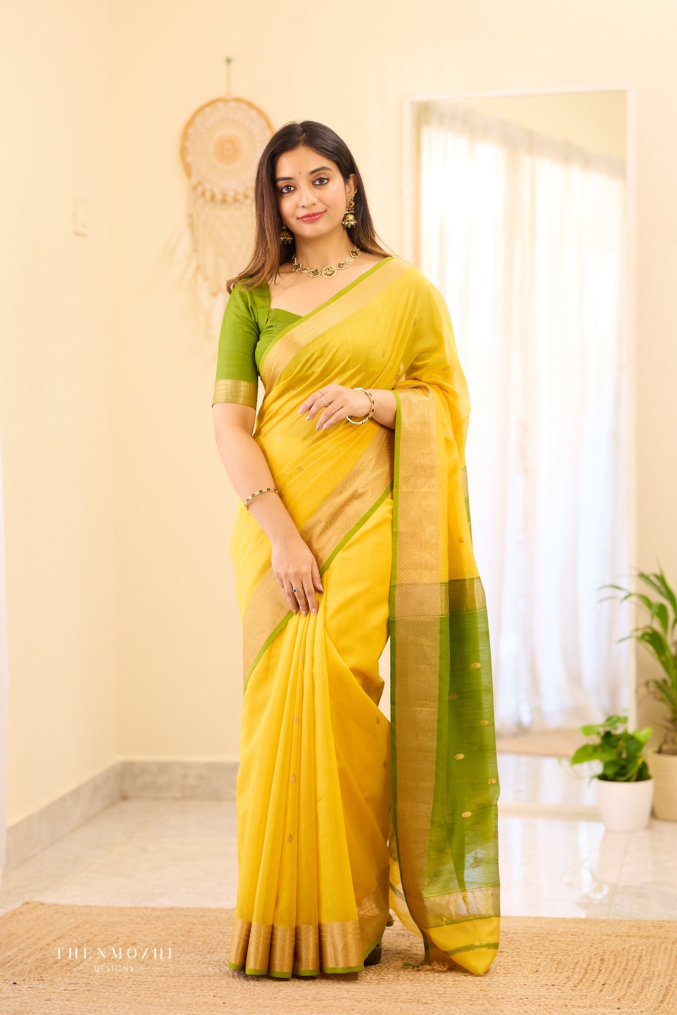 Golden yellow Maheshwari silk cotton saree