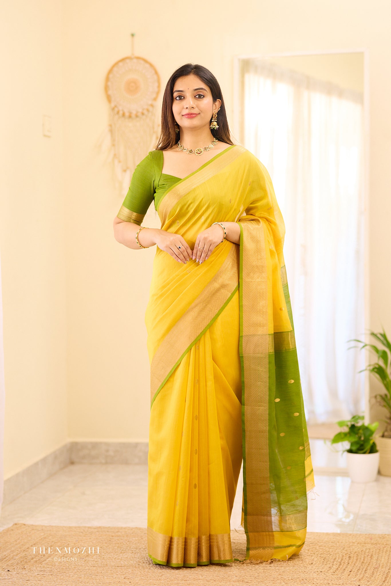 Golden yellow Maheshwari silk cotton saree