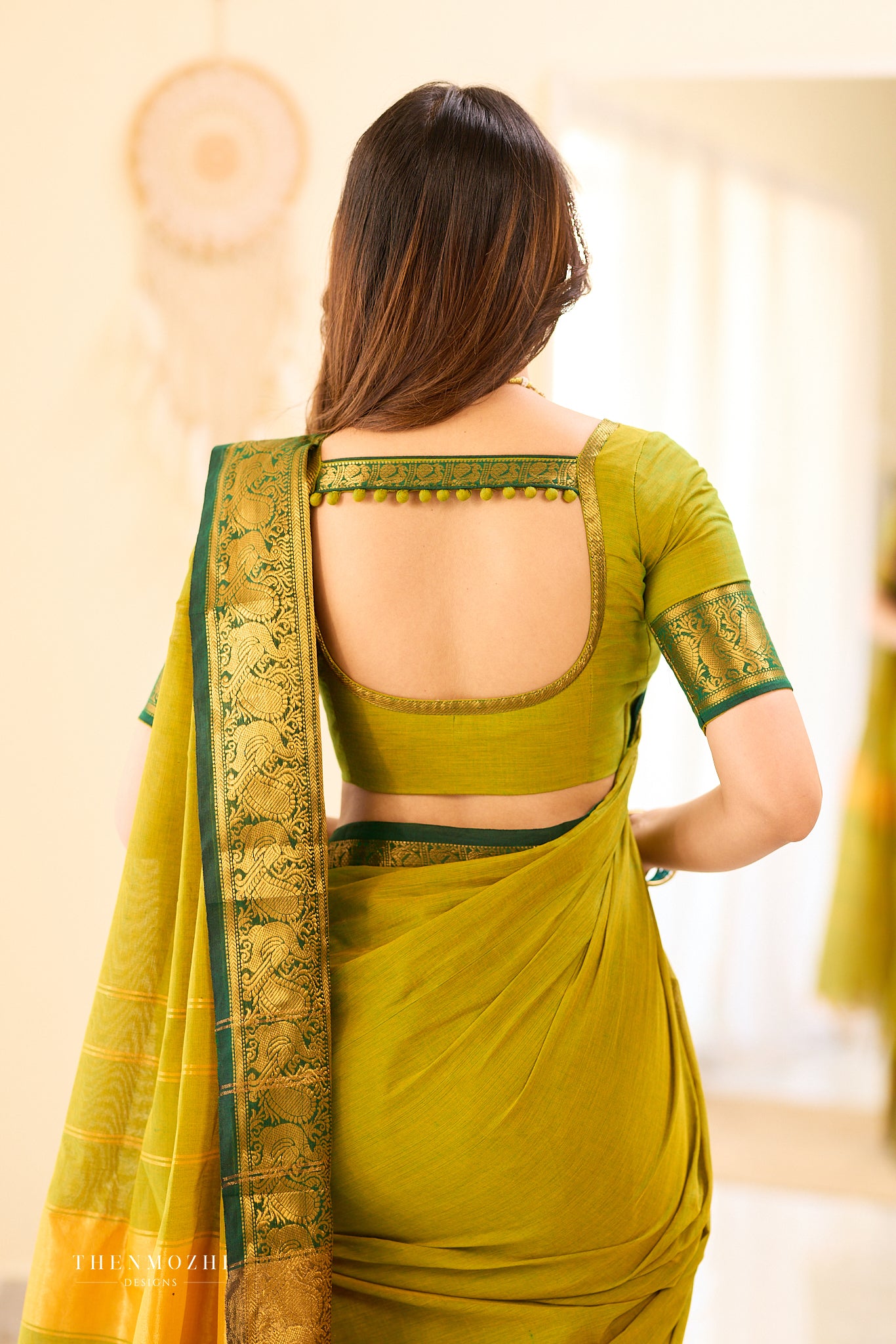 Green and dark green border Chettinad cotton Blouse