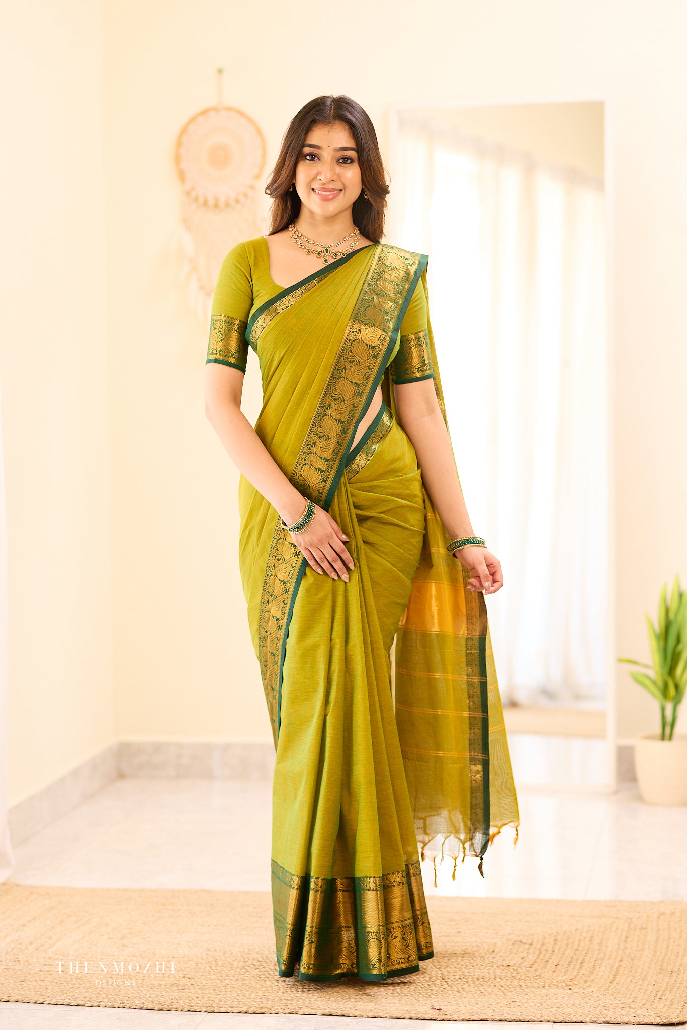 Green with Dark Green Border Chettinad Cotton Saree