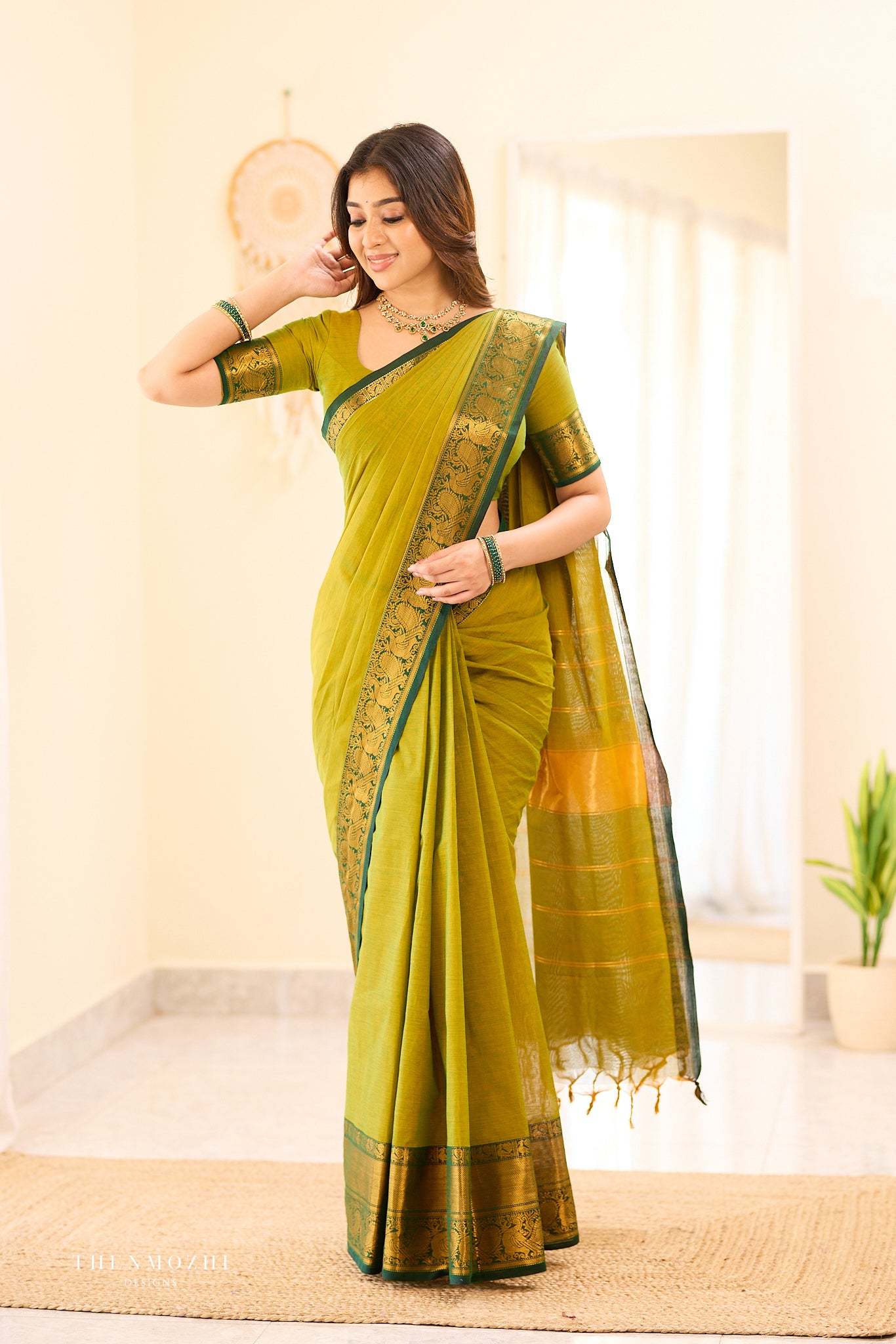 Green with Dark Green Border Chettinad Cotton Saree