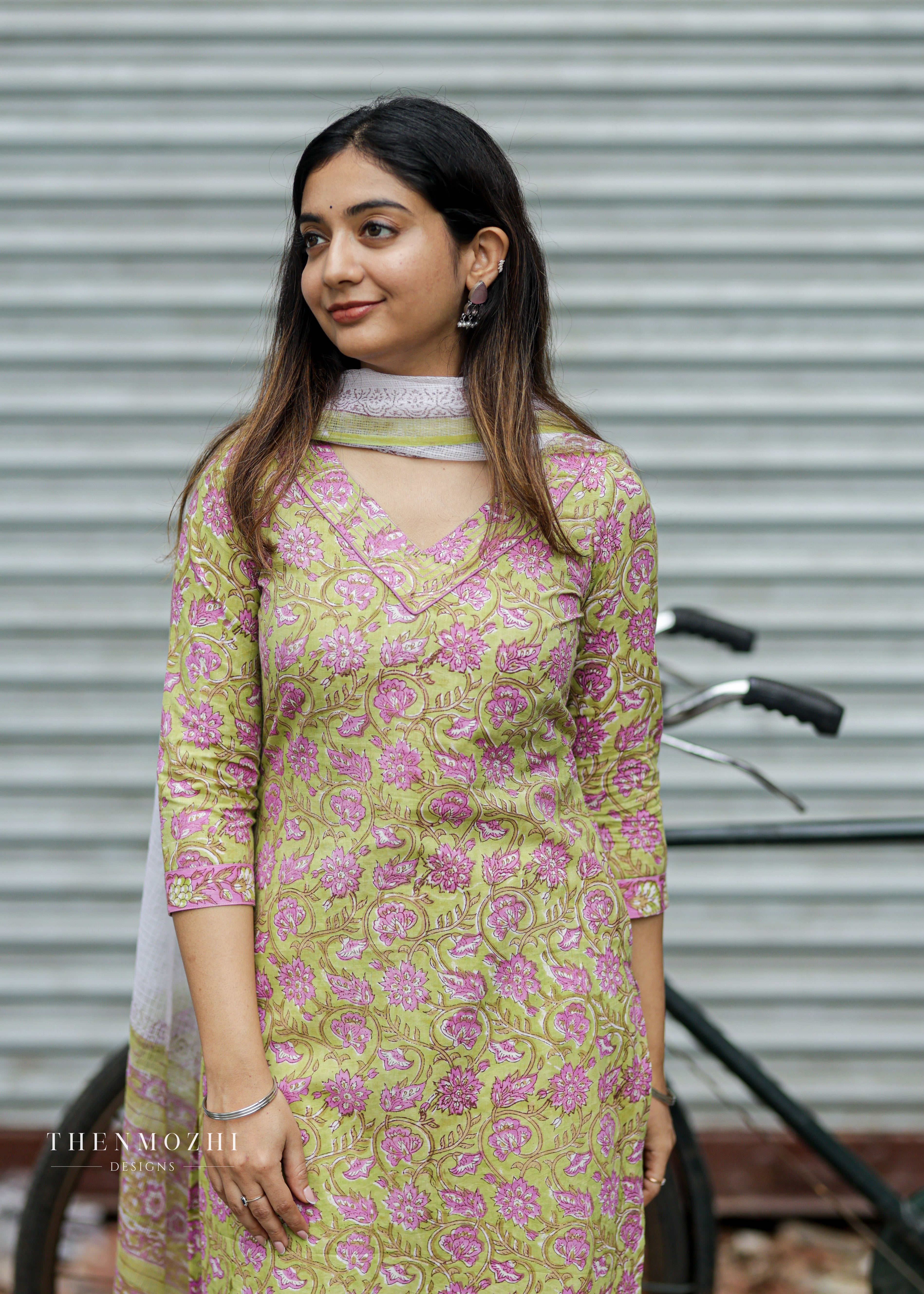 Green and pink floral block printed suit set