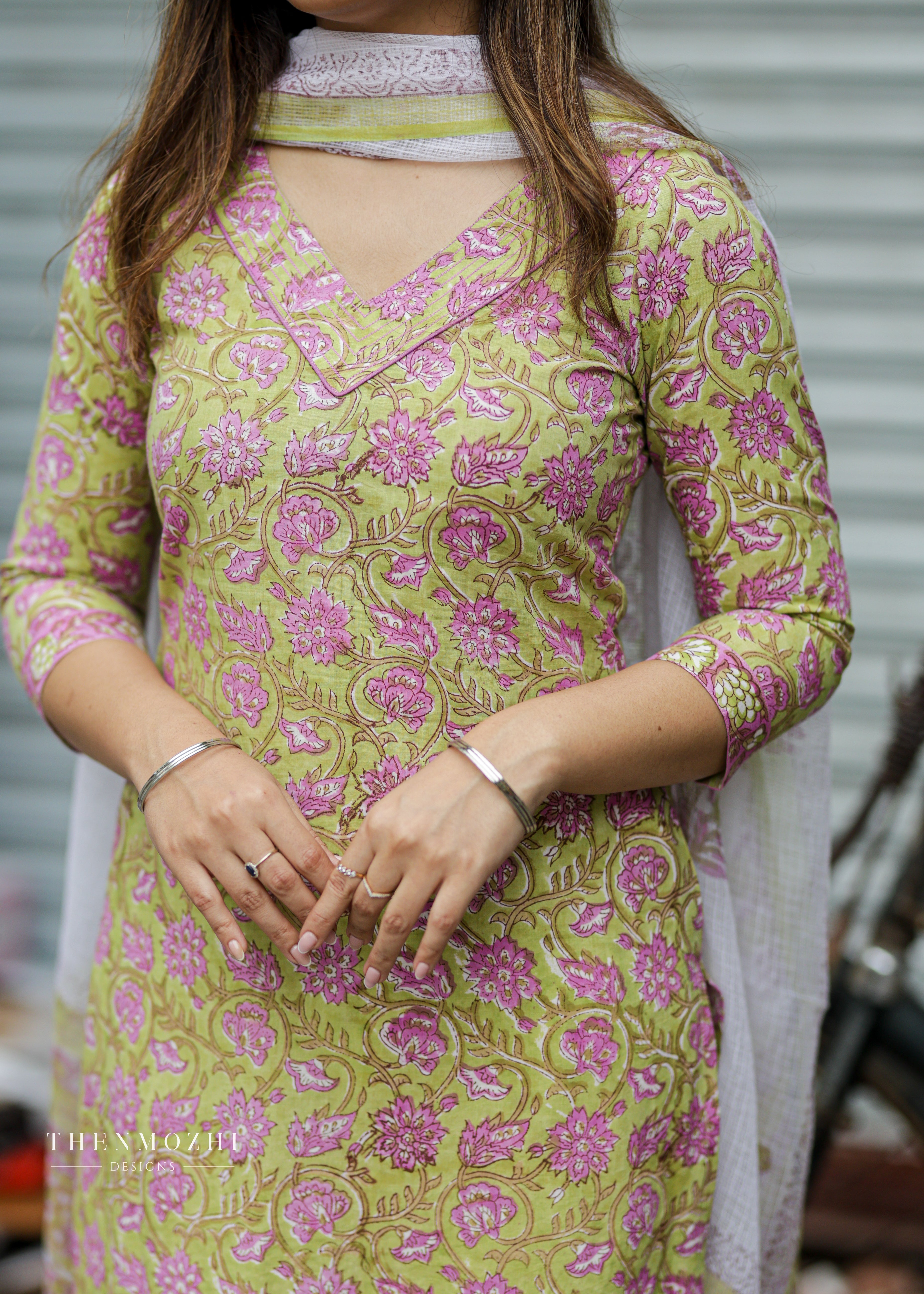 Green and pink floral block printed suit set