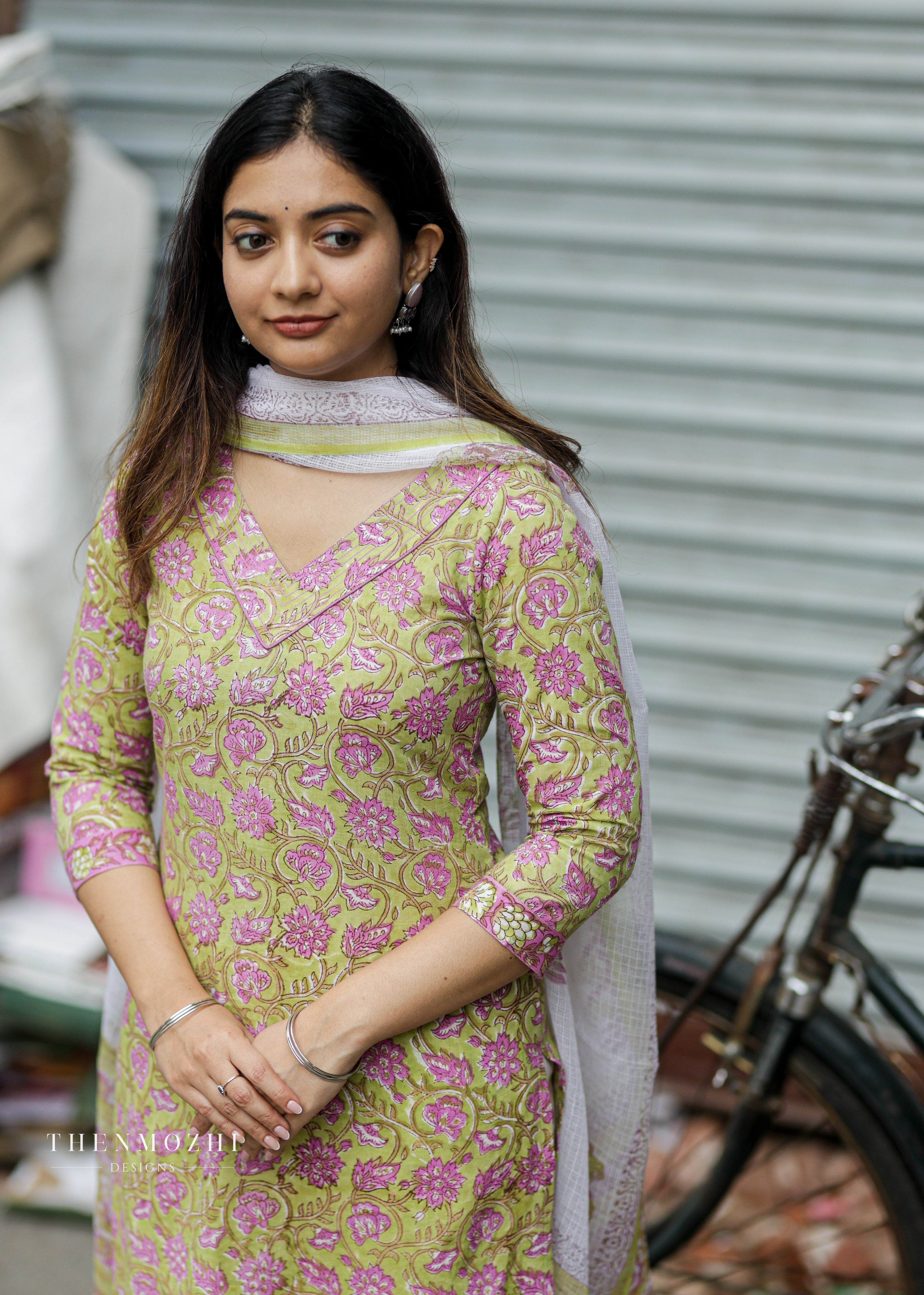 Green and pink floral block printed suit set
