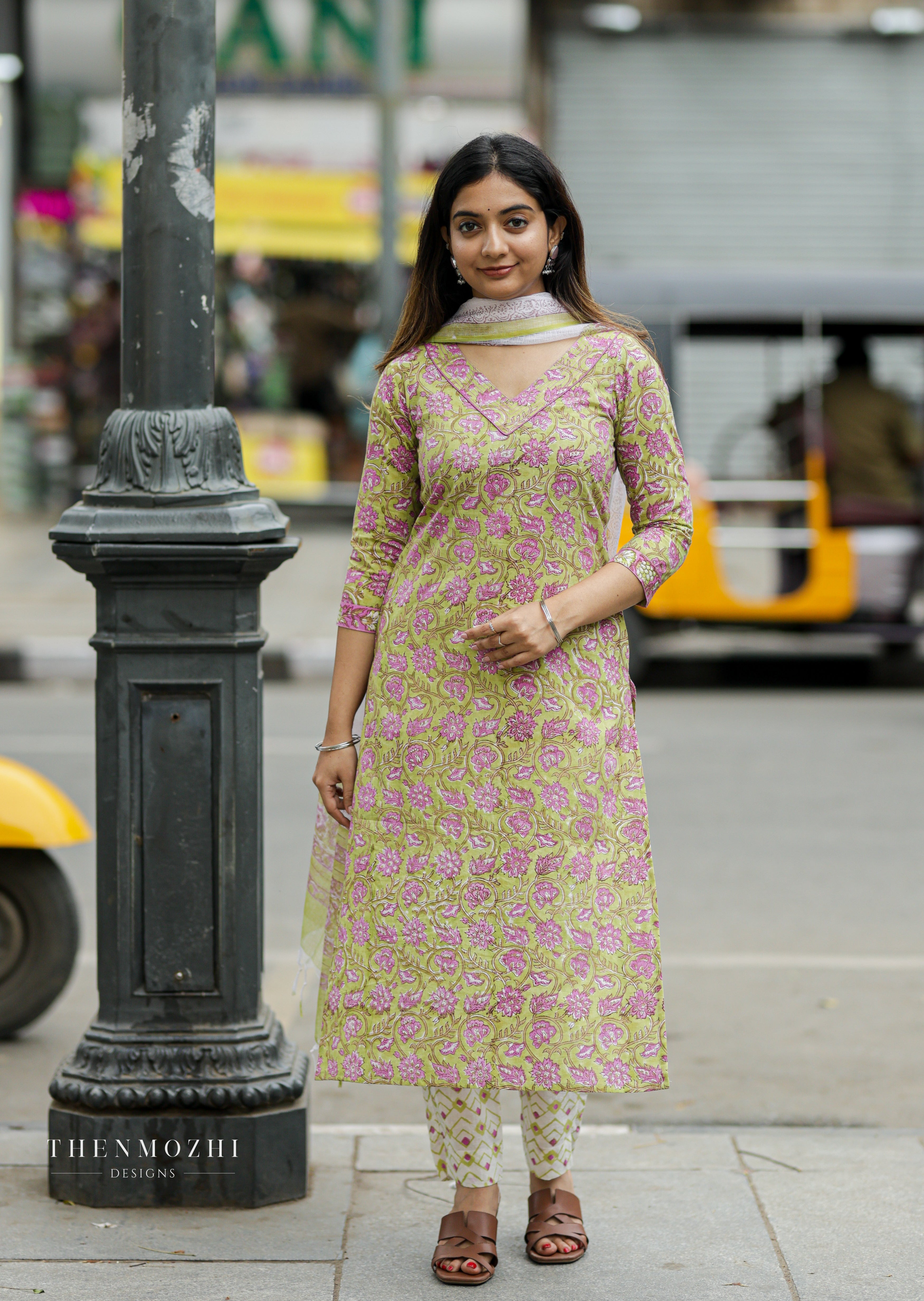 Green and pink floral block printed suit set