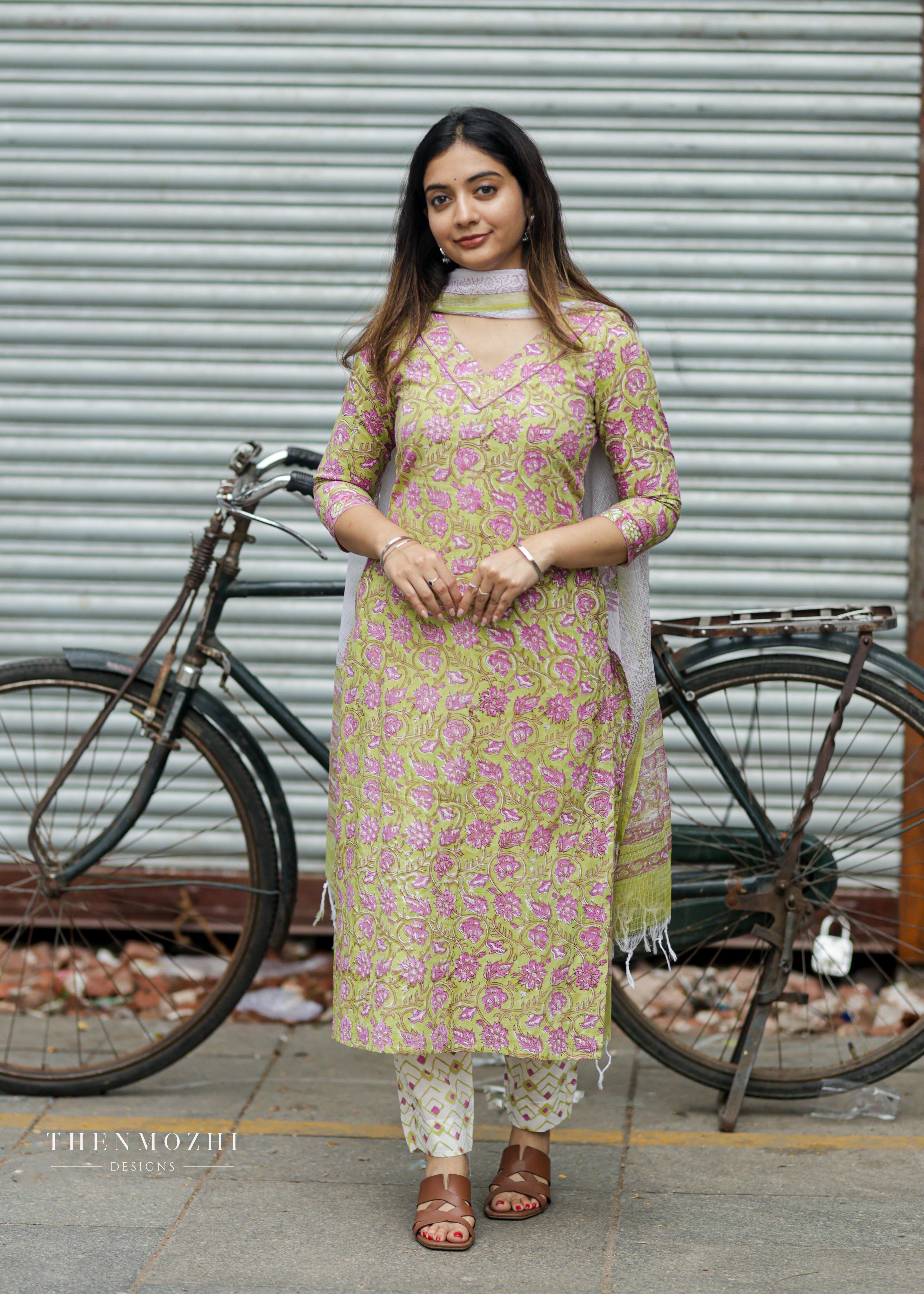 Green and pink floral block printed suit set
