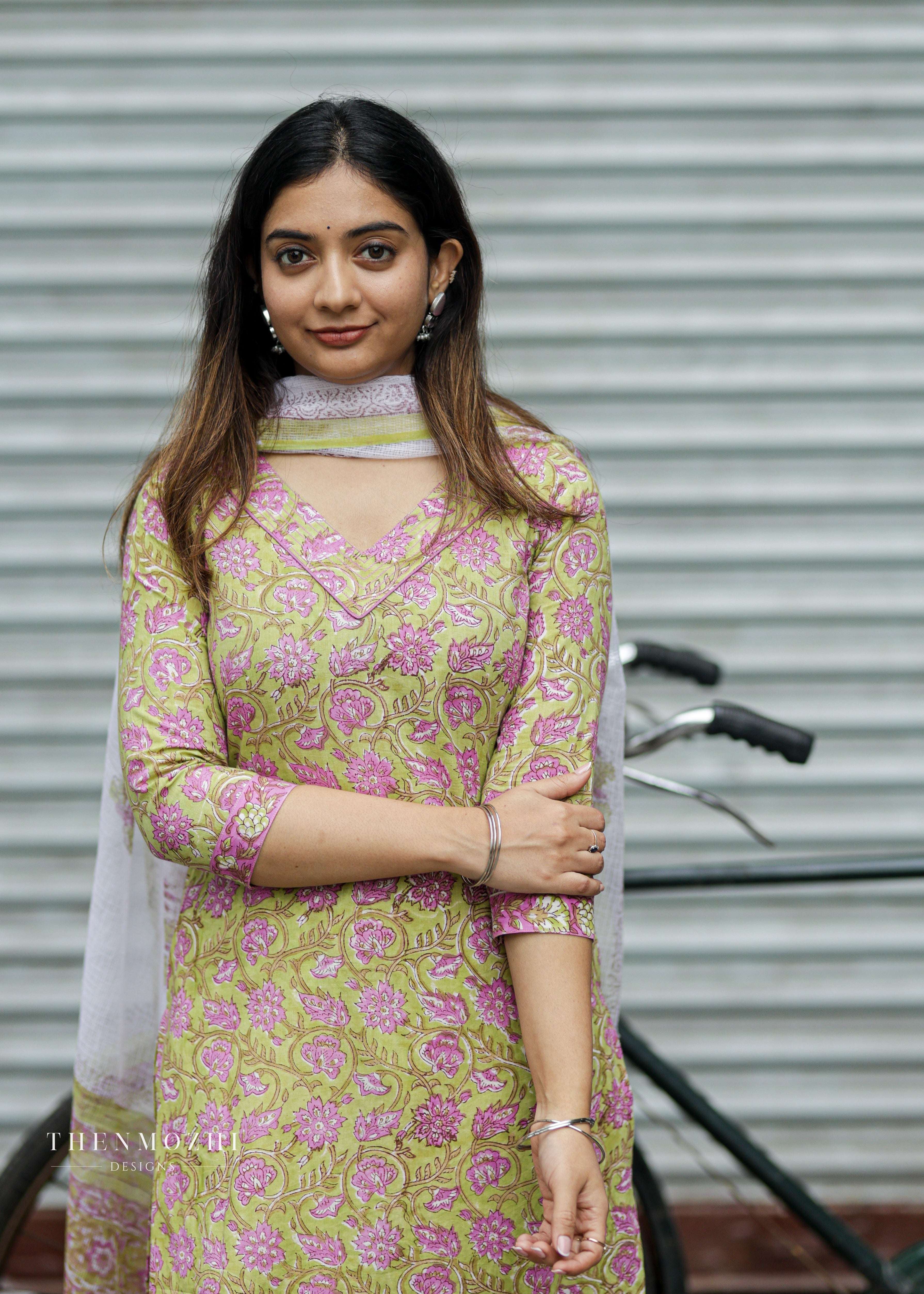 Green and pink floral block printed suit set