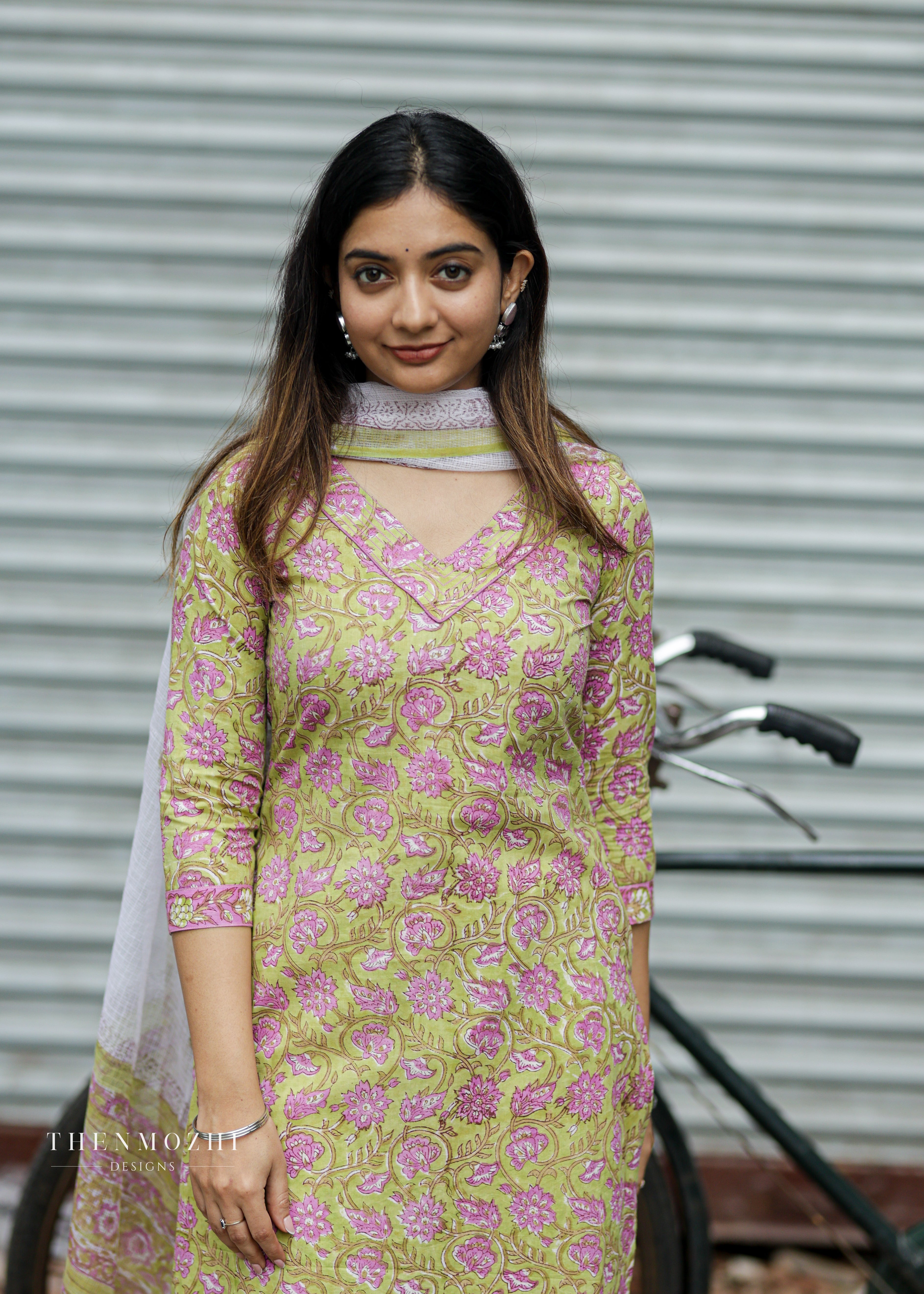 Green and pink floral block printed suit set