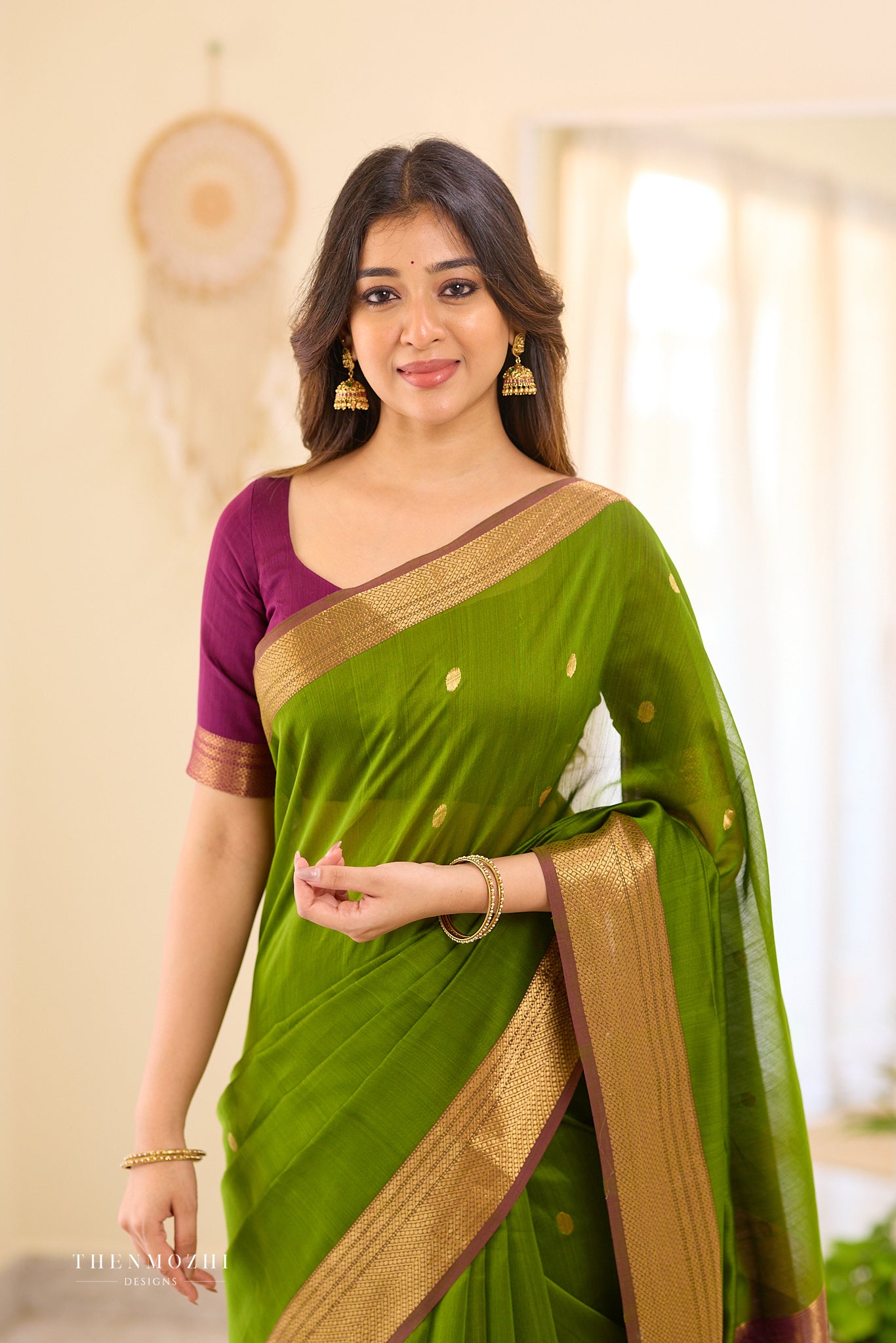 Green with Magenta Maheshwari silk cotton saree
