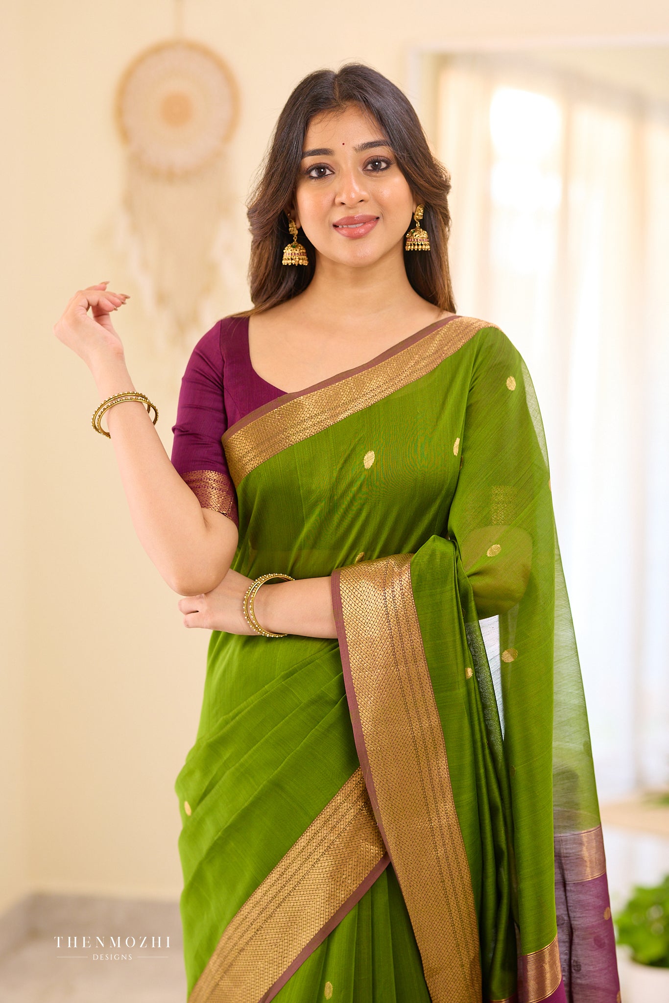 Green with Magenta Maheshwari silk cotton saree
